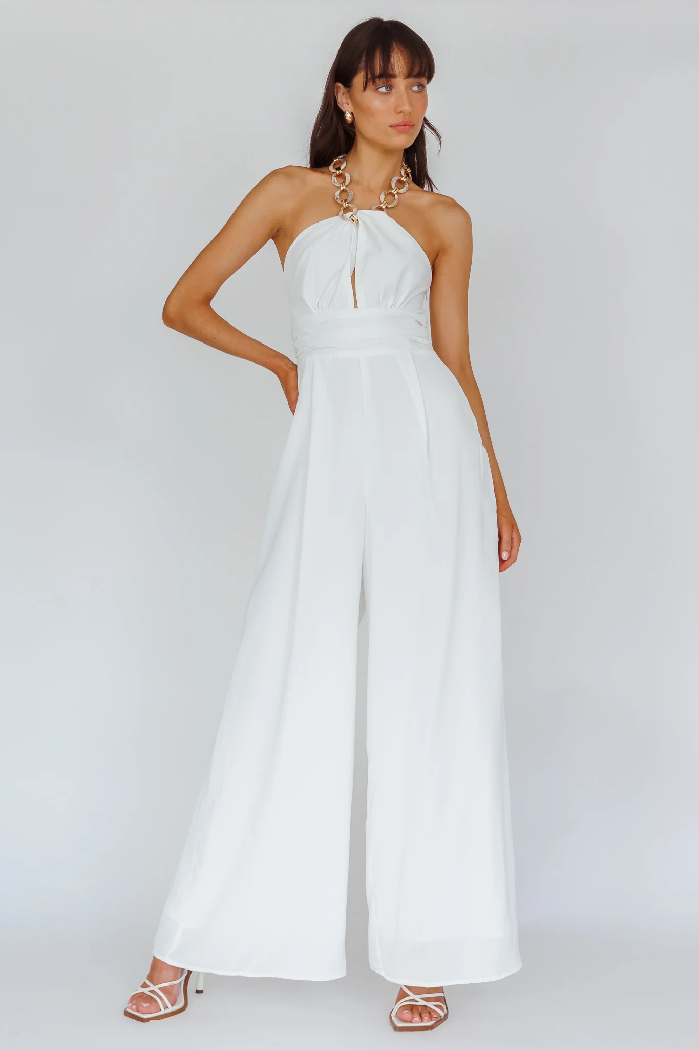 Golden Moon Chain Halter Jumpsuit White - Ruaus