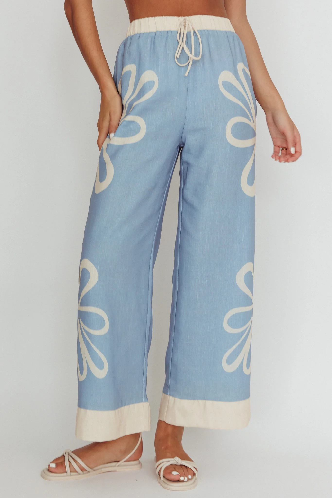 Briar Floral Wide Leg Pants Beige Blue - Ruaus