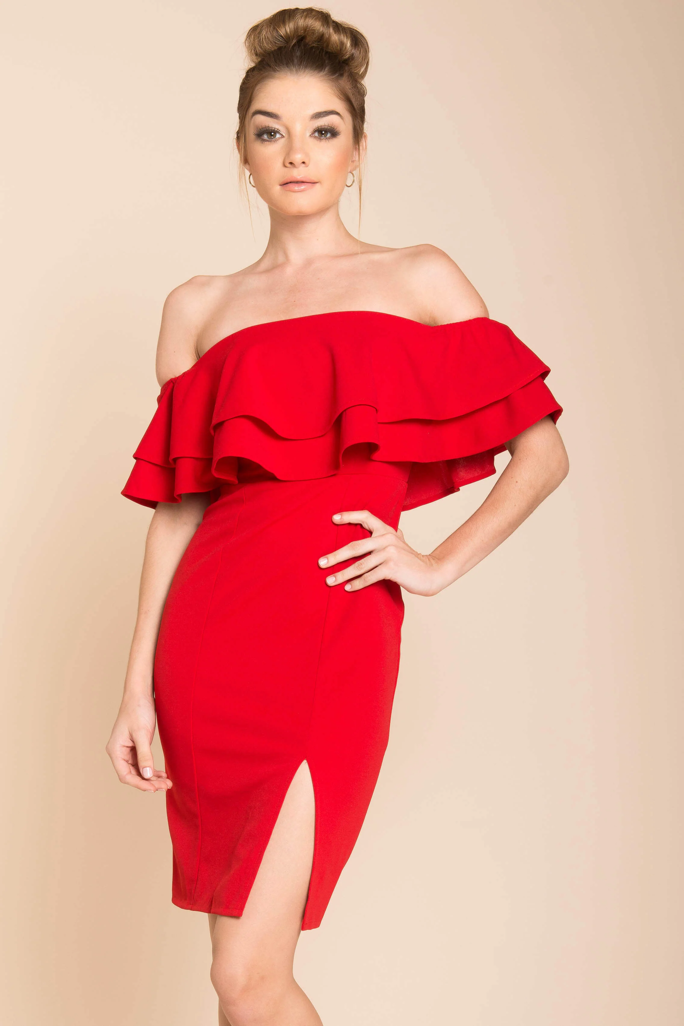 Manilla Ruffle Bodycon Dress Red - Ruaus