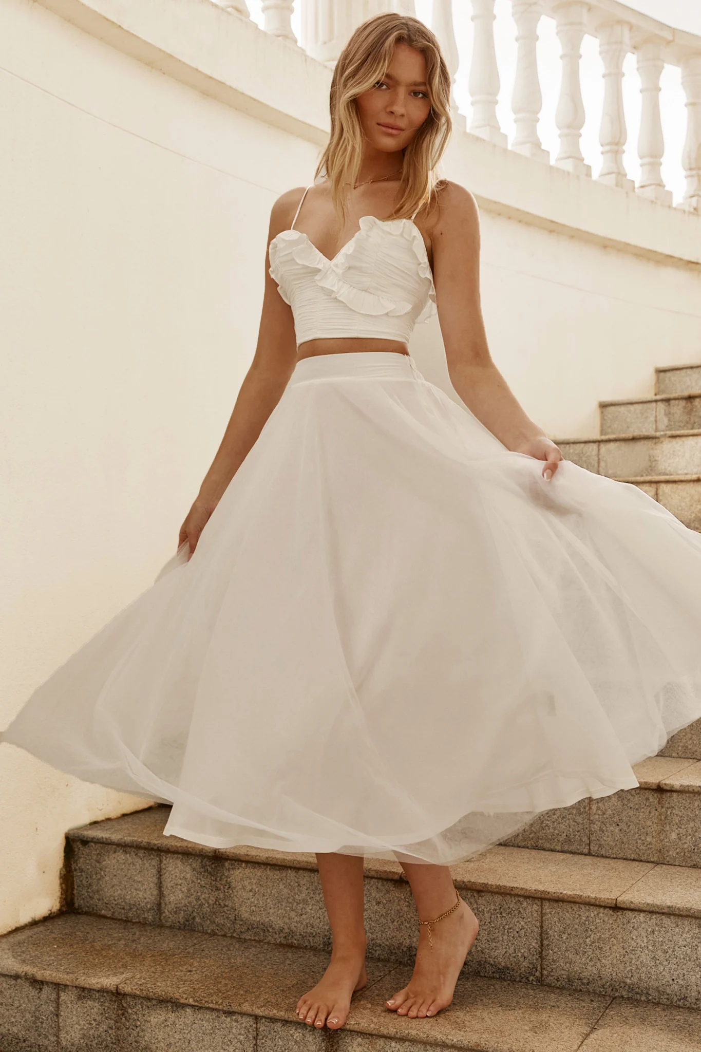 Jasmine Organza Mesh Elasticated Waist Midi Skirt White - Ruaus