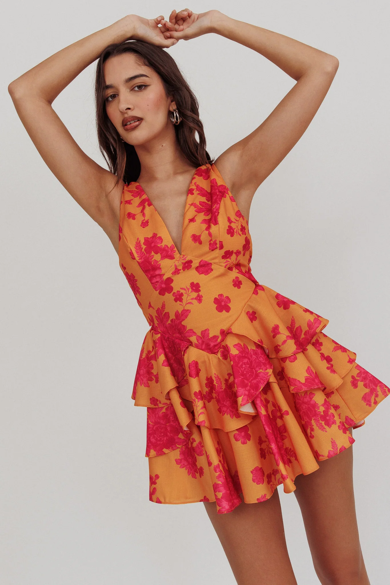 Like Me V-Neck Tied Back Floral Romper Orange - Ruaus