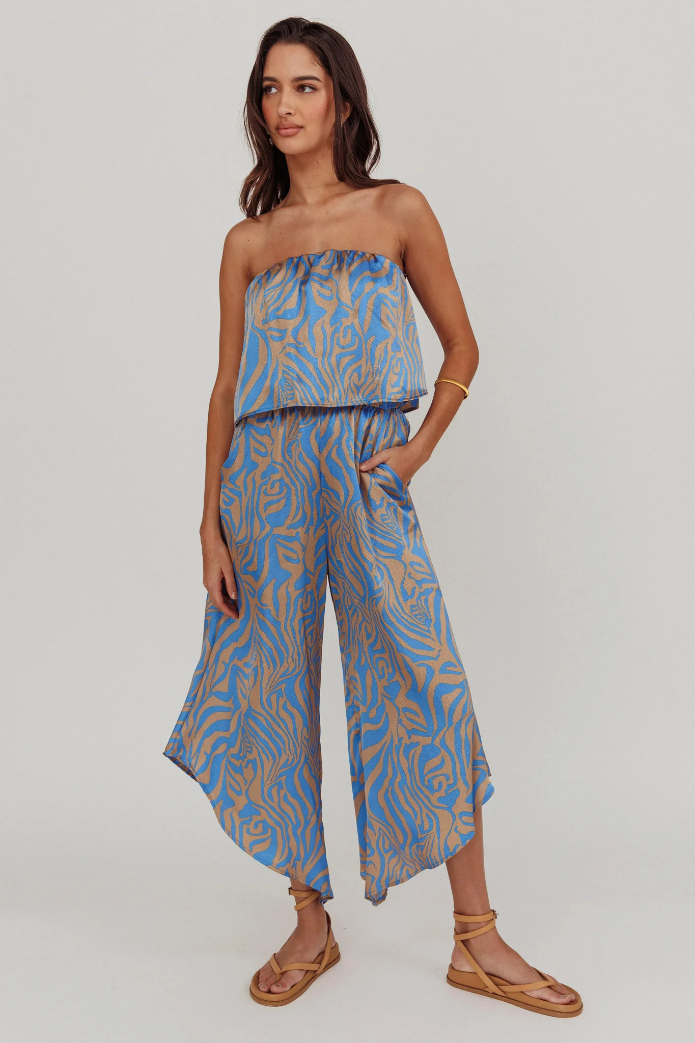 Tongue Tied Printed Strapless Jumpsuit Blue - Ruaus