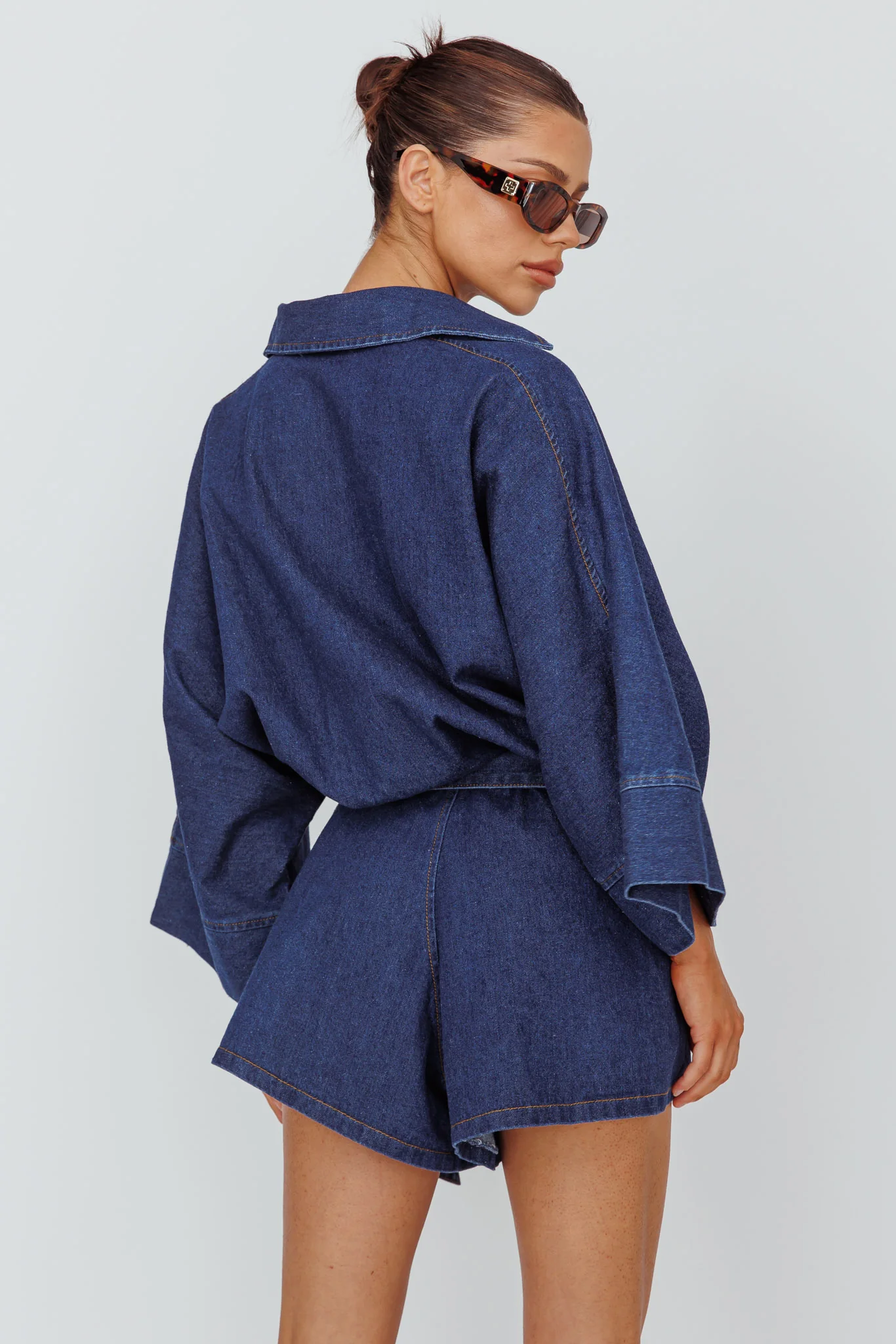 Daytona Beach Long Sleeve Shirt Romper Indigo - Ruaus