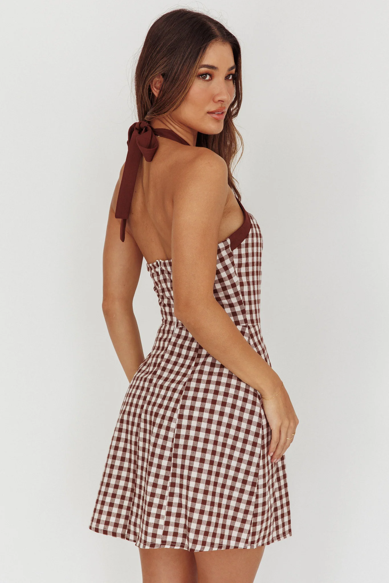 Lady Bow Halterneck Mini Dress Plaid Brown - Ruaus