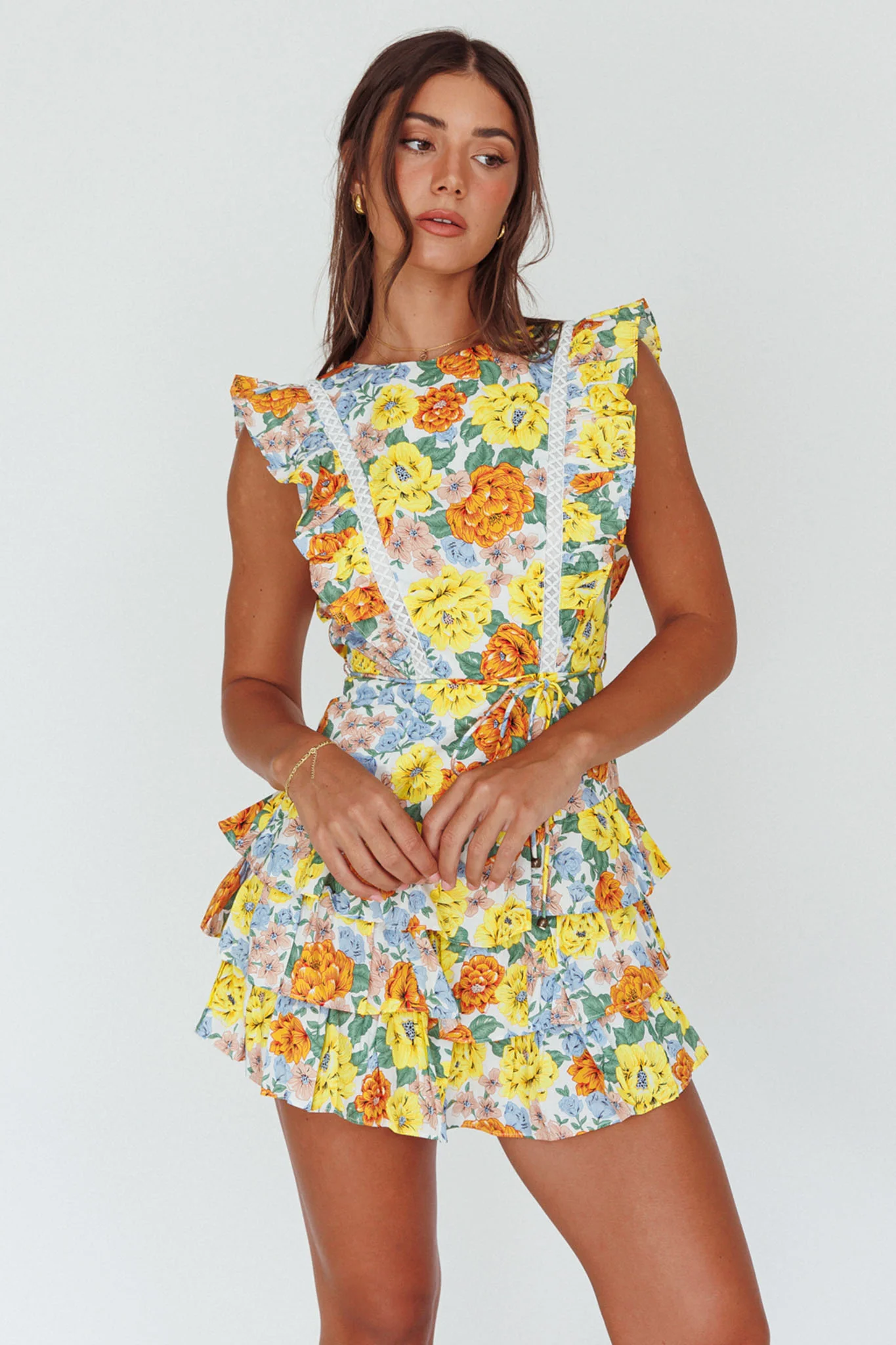 Weekend Muse Sleeveless Layered Frill Romper Yellow Floral - Ruaus