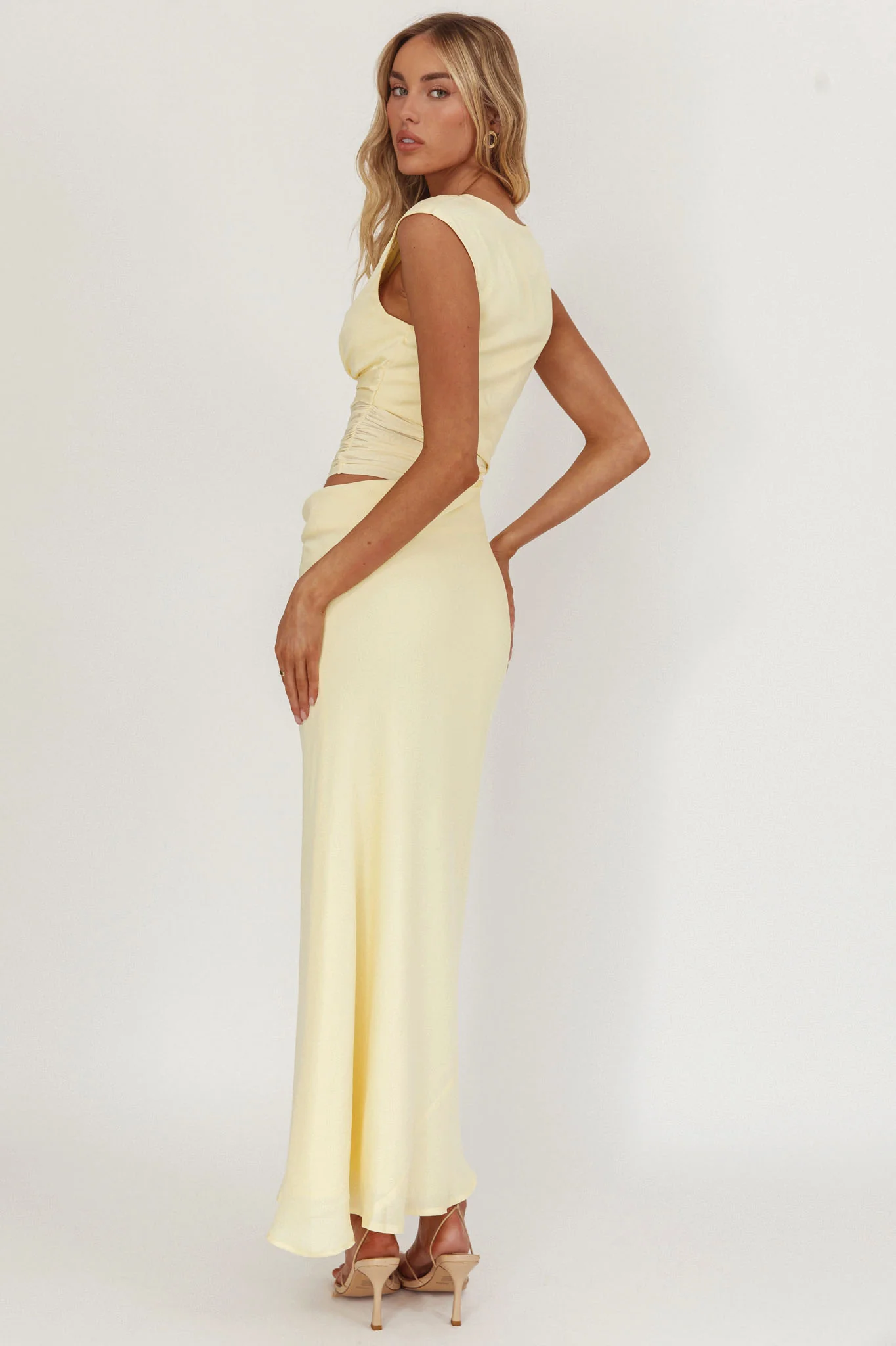 Sun Gaze Sheer Ruched Waist Maxi Dress Butter - Ruaus