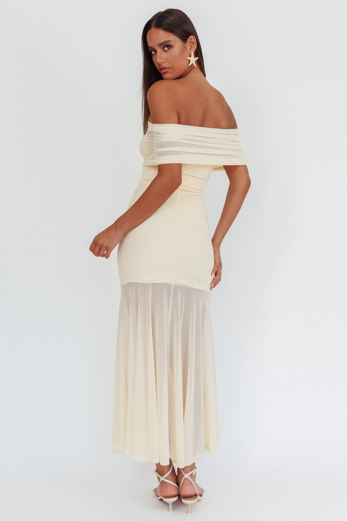 Clarita Sheer Ruched Maxi Dress Cream - Ruaus