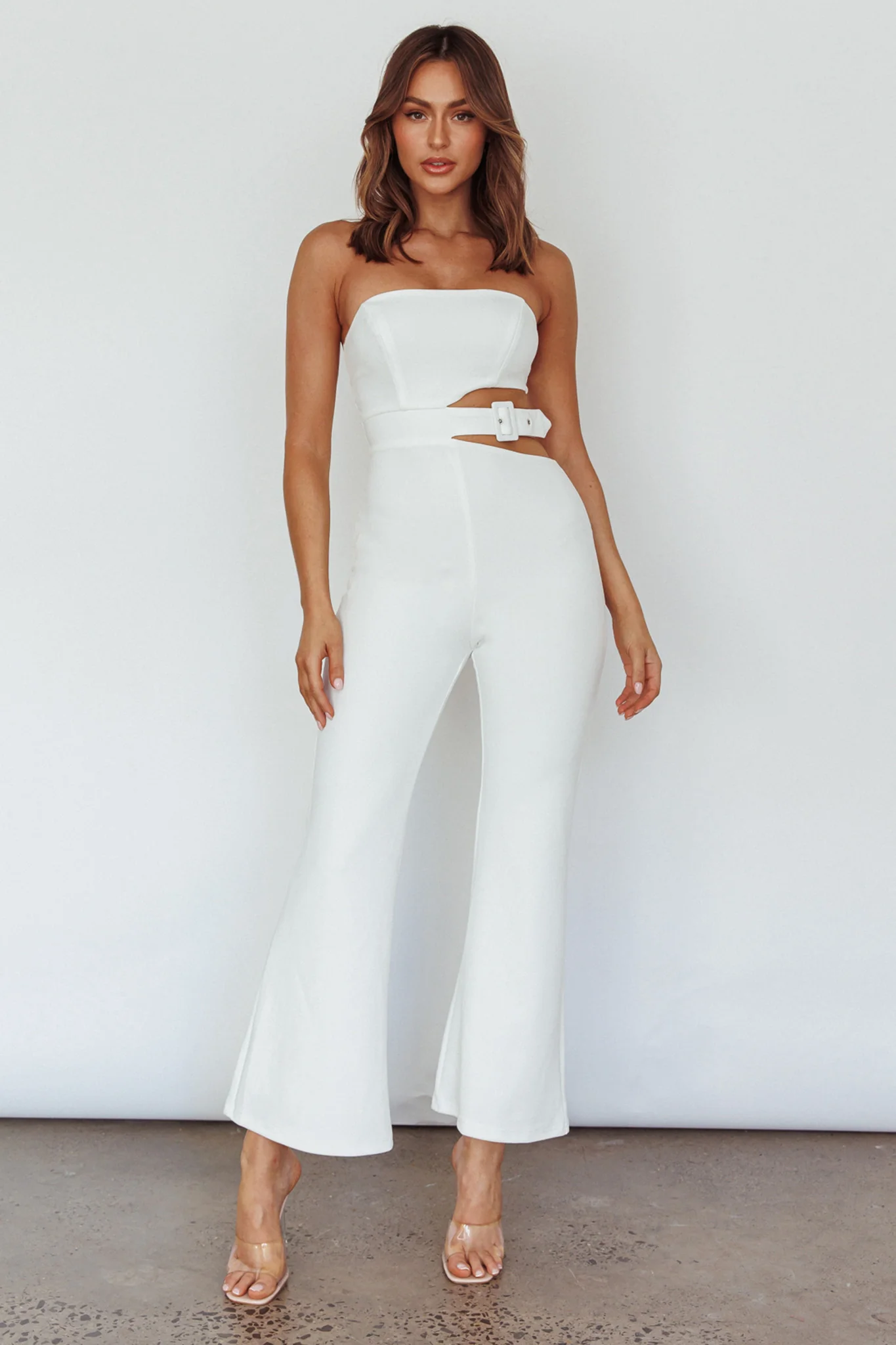 Glisten Cut-Out Buckle Waist Jumpsuit White - Ruaus