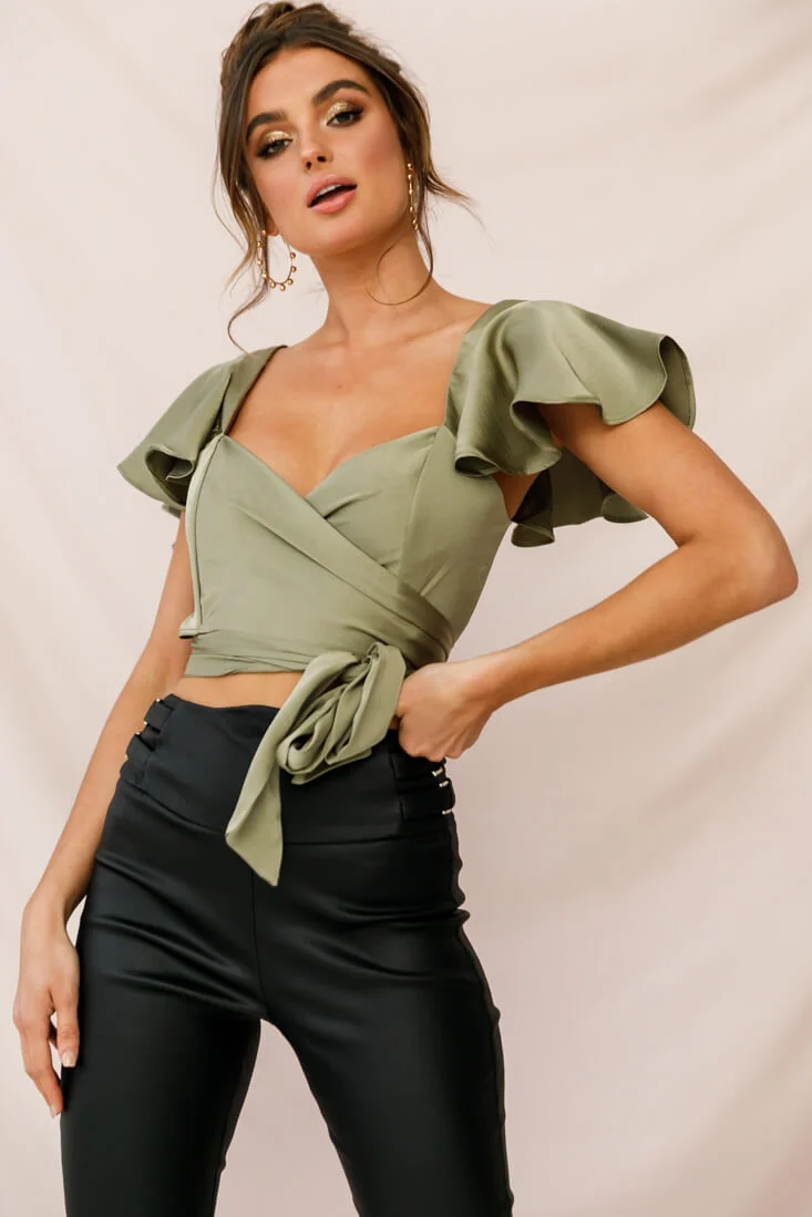 Marquise Wrap Crop Top Olive - Ruaus