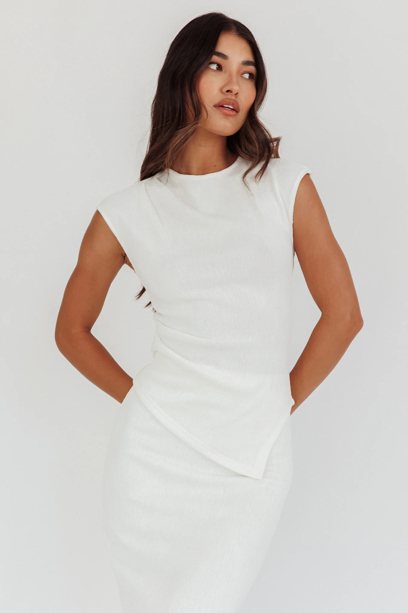 Calculated Cap Sleeve Ribbed Knit Top White - Ruaus