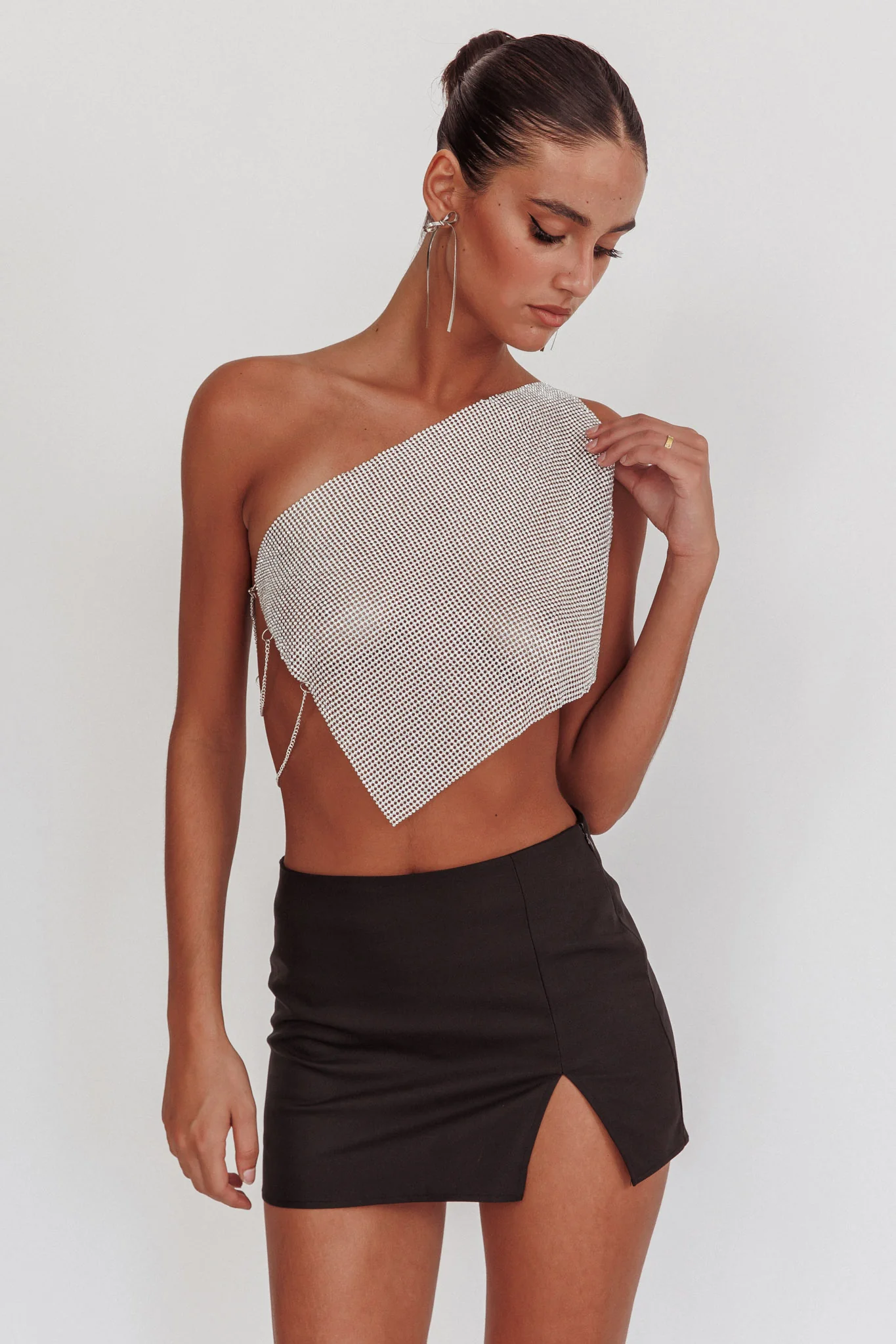 Sun Dial One Shoulder Diamante Top Silver - Ruaus