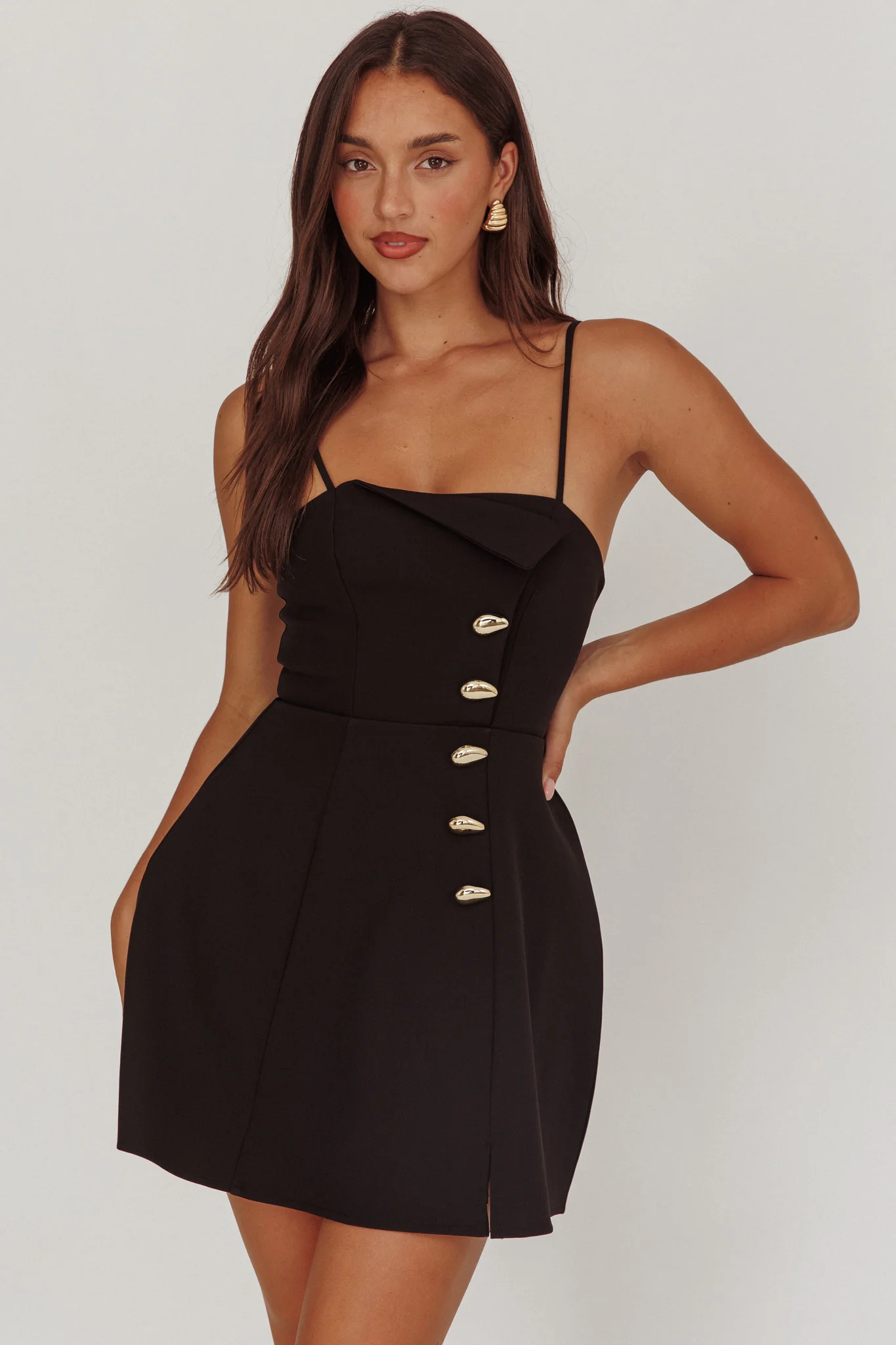 Captivated Button Feature Mini Dress Black - Ruaus