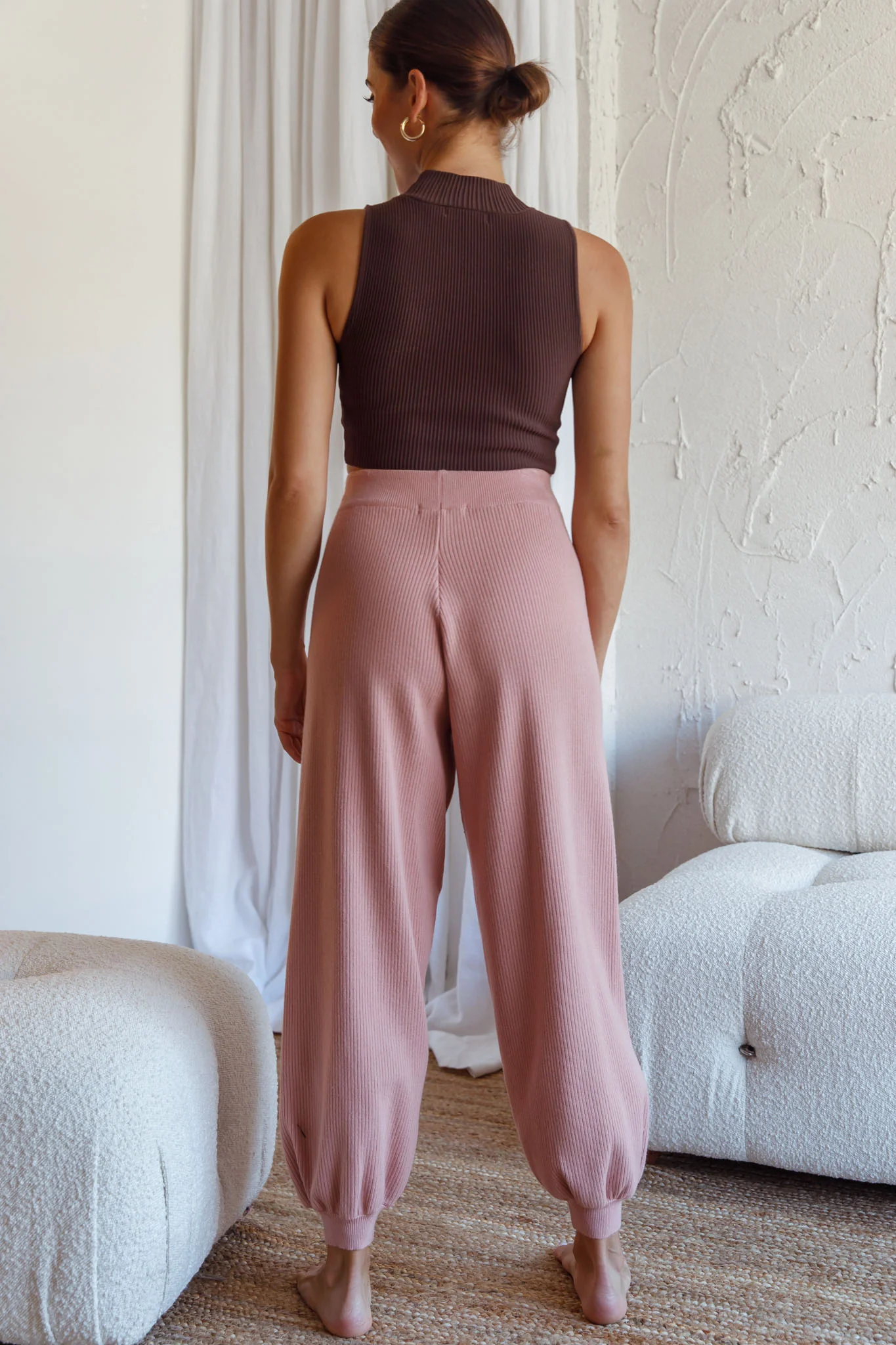 New Soul Drawstring Ribbed Knit Jogger Pants Blush - Ruaus