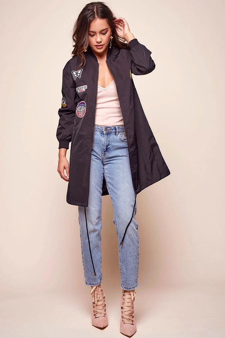 Harlan Long Patchwork Bomber Jacket Black - Ruaus