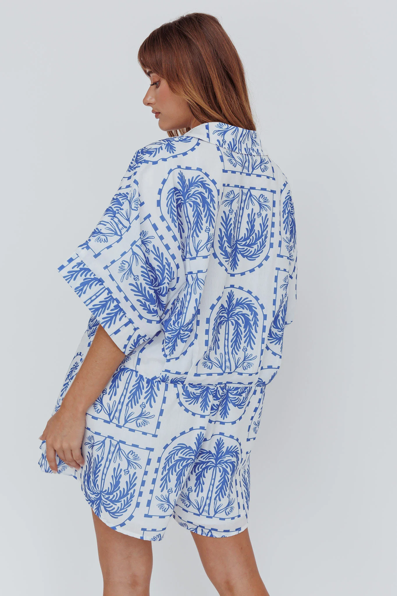 Daytona Beach Button-Up Romper Print Blue - Ruaus