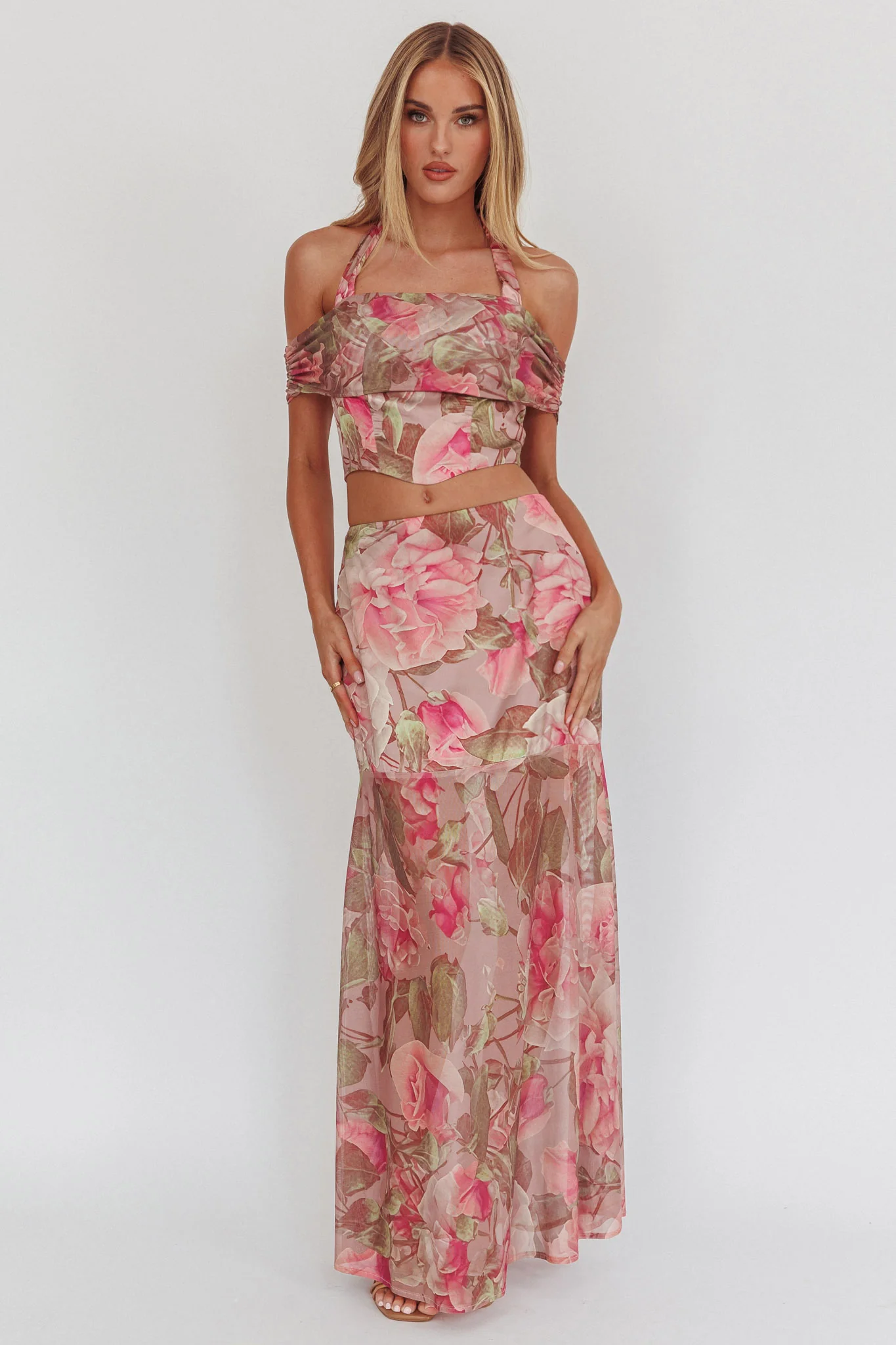 Sunset High Halterneck Crop Top Floral Blush - Ruaus