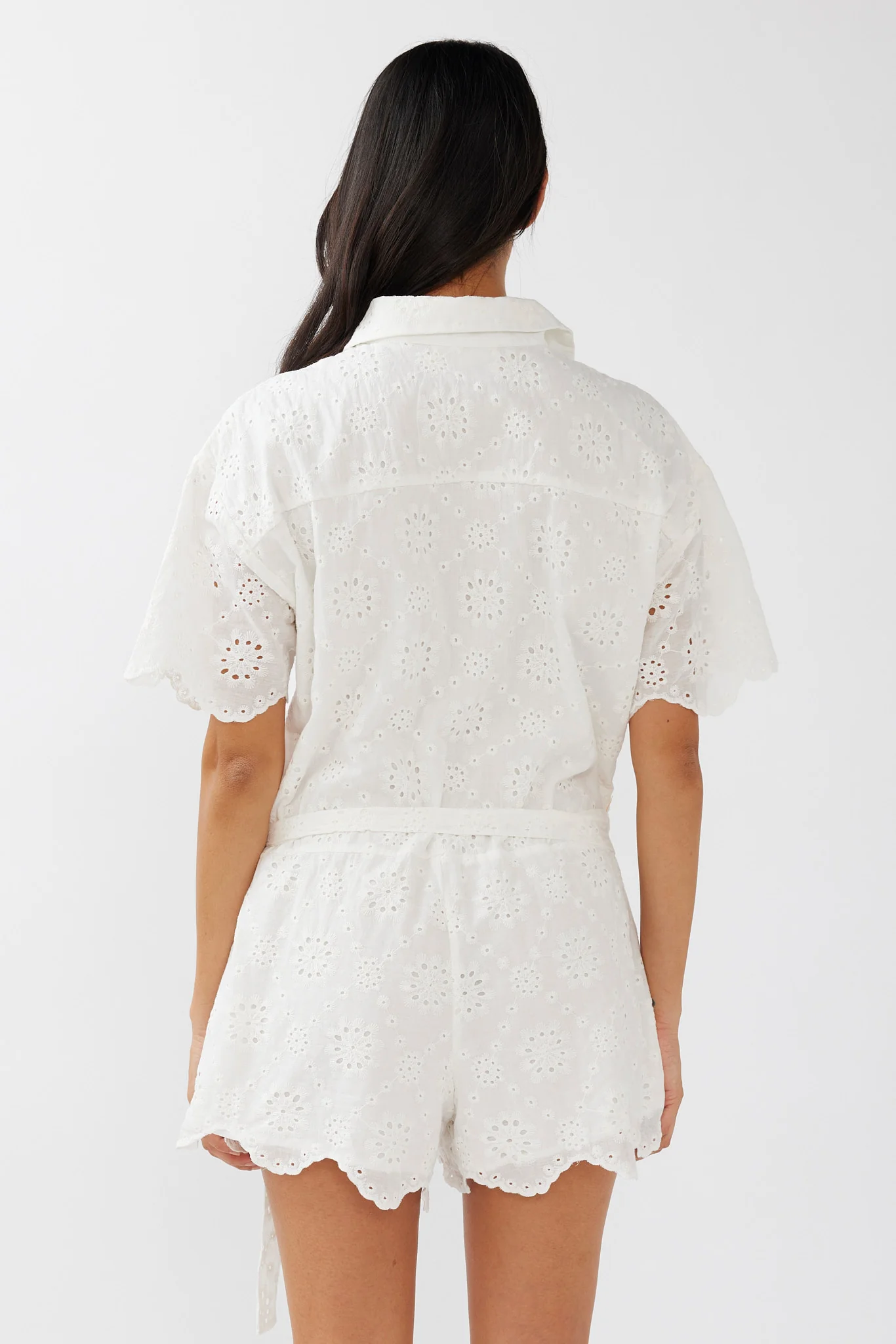 Junie Eyelet Embroidery Waist Tie Romper White - Ruaus