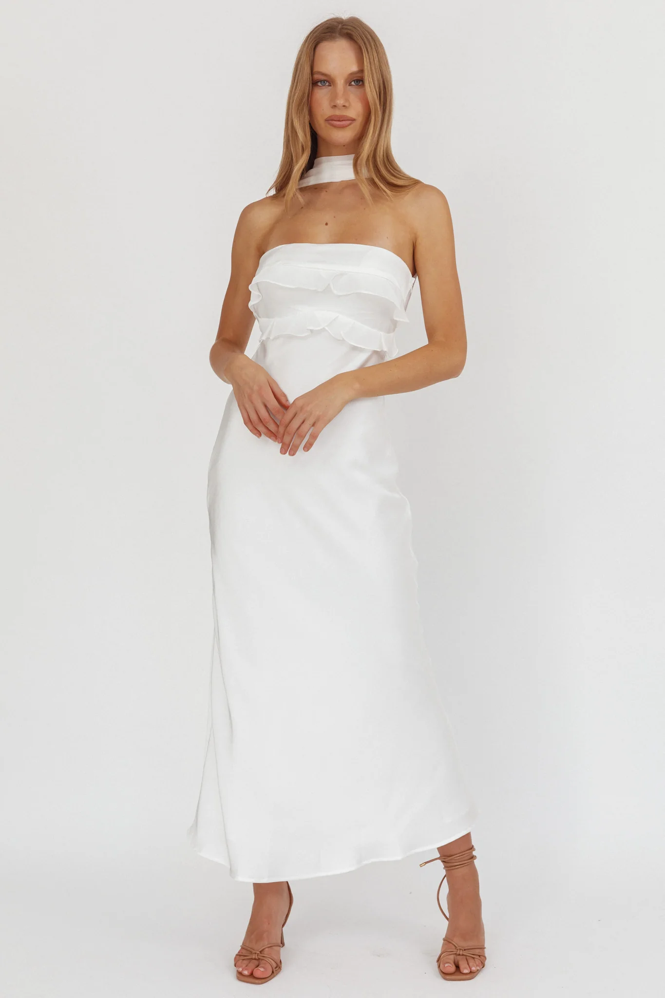 Damsel Reverse Halter Frill Trim Maxi Dress White - Ruaus
