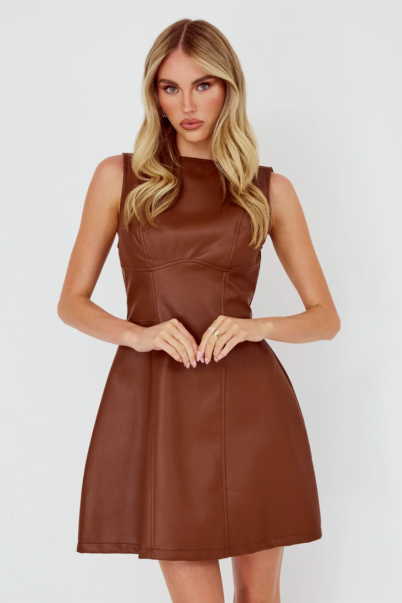 Opulent Sleeveless A-Line Mini Dress Faux Leather Brown - Ruaus