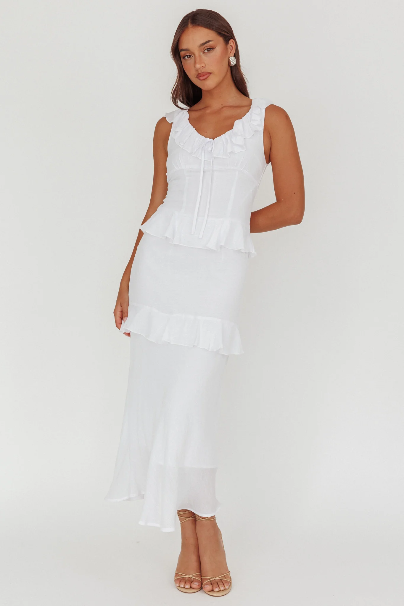 Arrabel Ruffle Trim Bust Tie Maxi Dress White - Ruaus