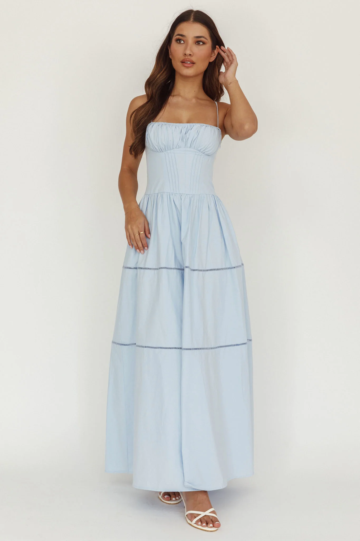 Heavenly Glow Gathered Bust A-Line Maxi Dress Blue - Ruaus