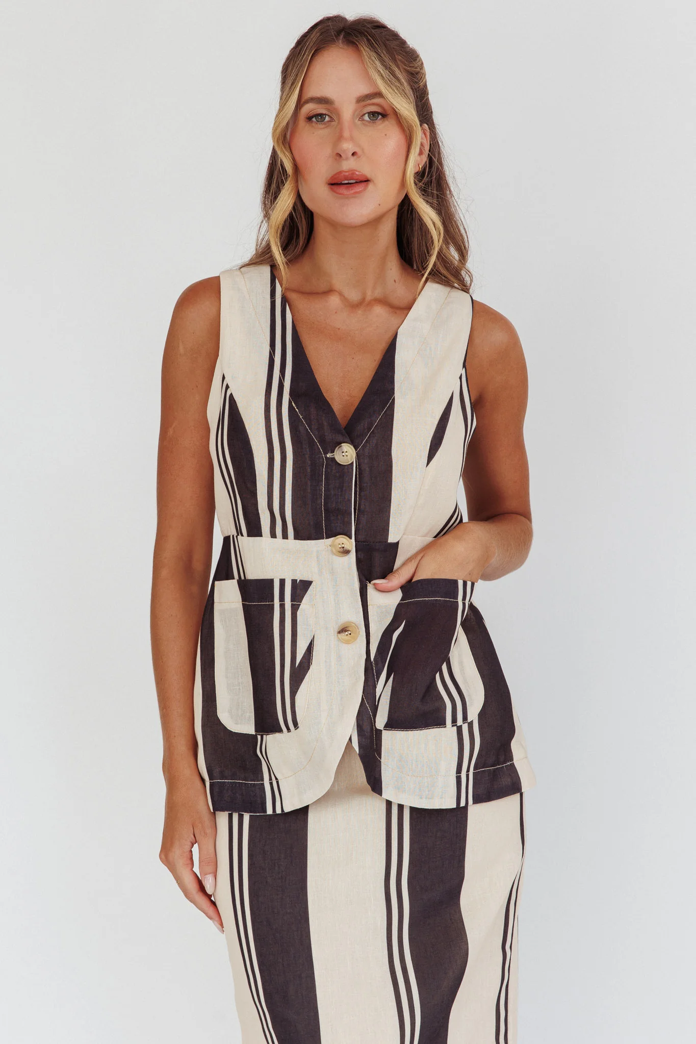 Philomena Button Pocket Vest Top Stripe Black - Ruaus