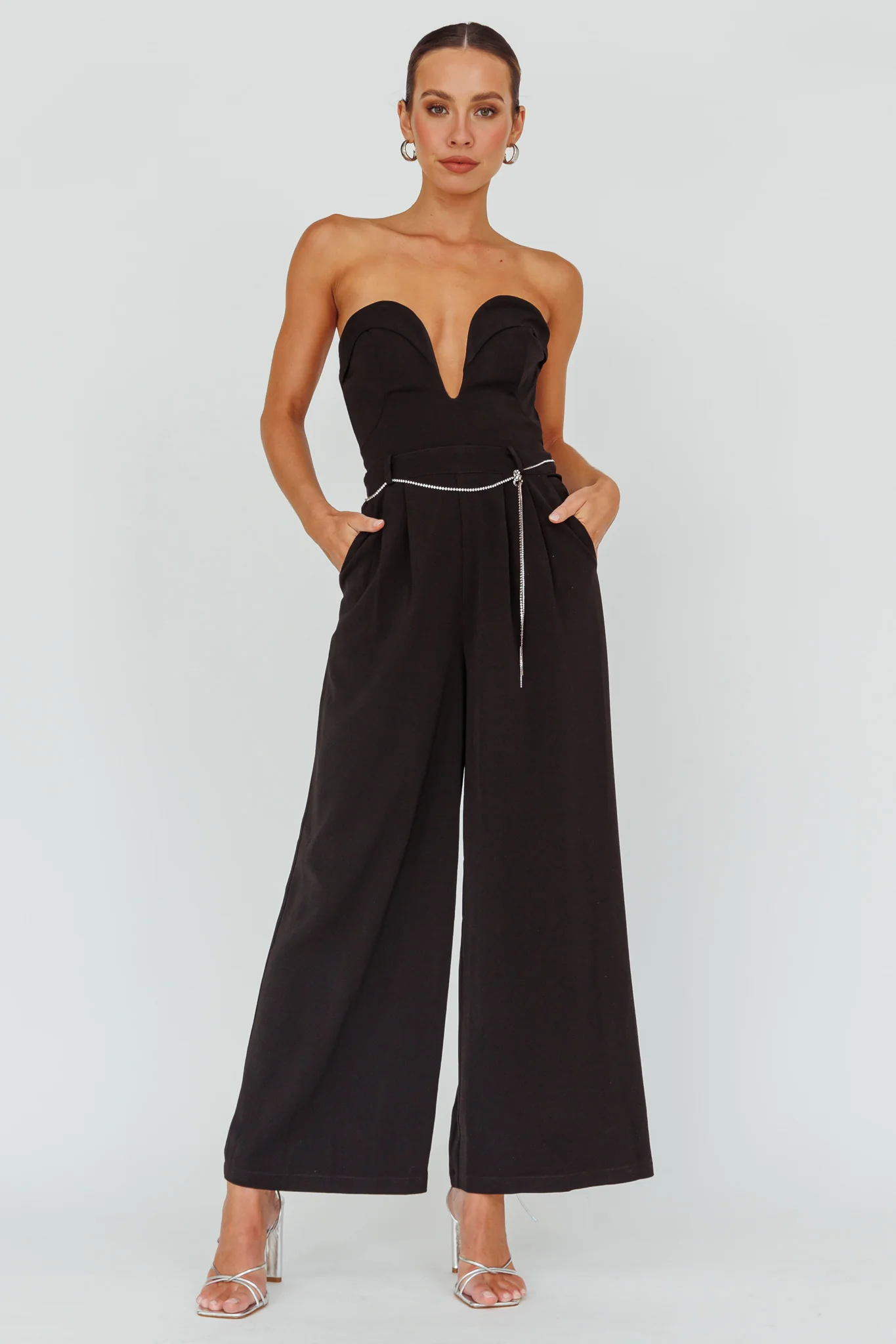 Kayte Strapless Belted Waist Jumpsuit Black - Ruaus