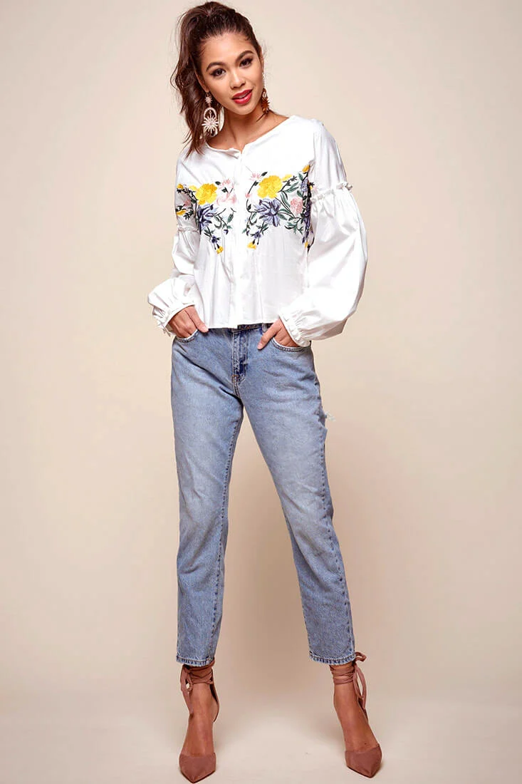 Olivia Floral Embroidered Cinched Wrist Shirt White - Ruaus