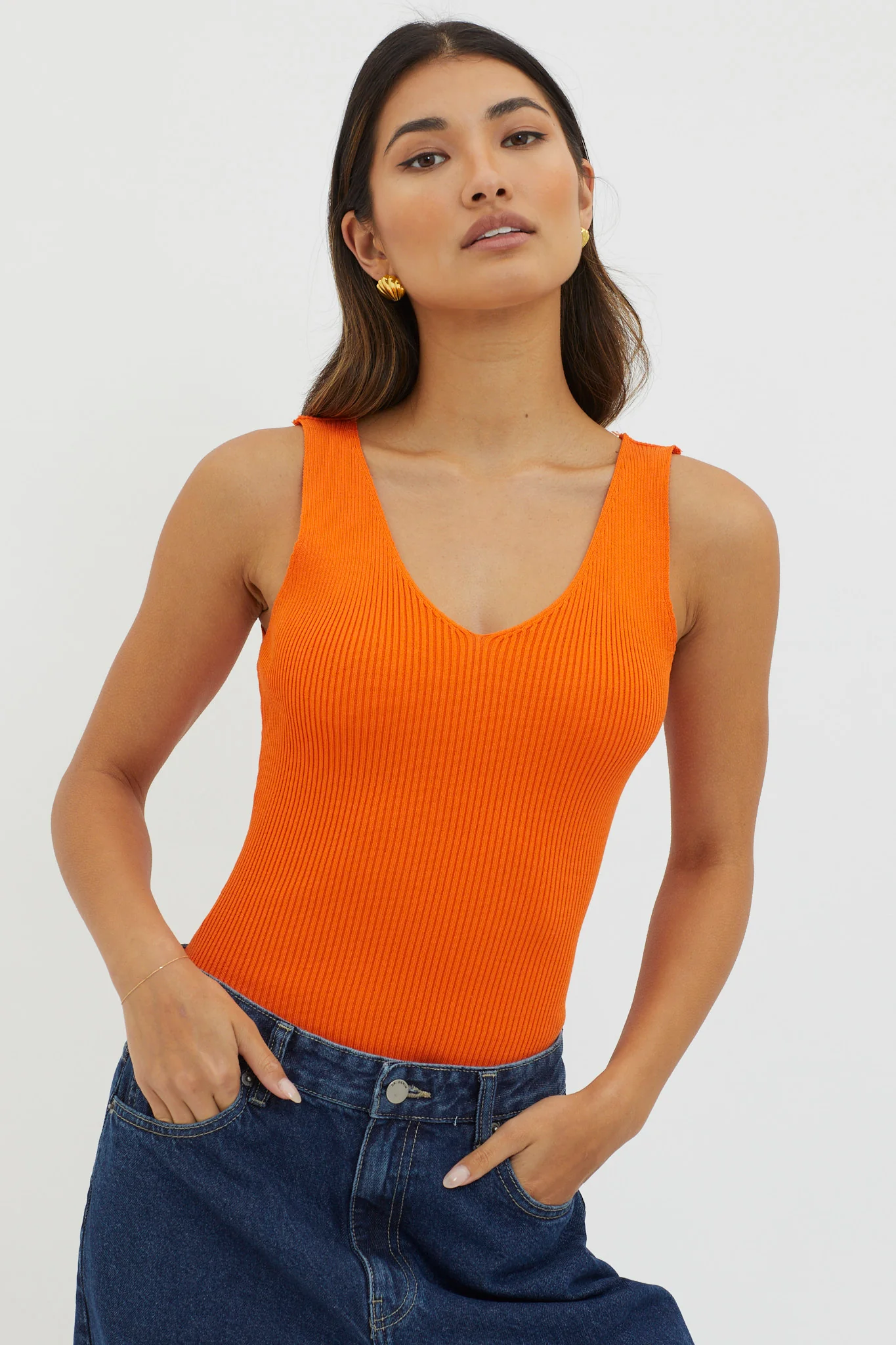 Off-Duty V-Neck Ribbed Knit Top Orange - Ruaus