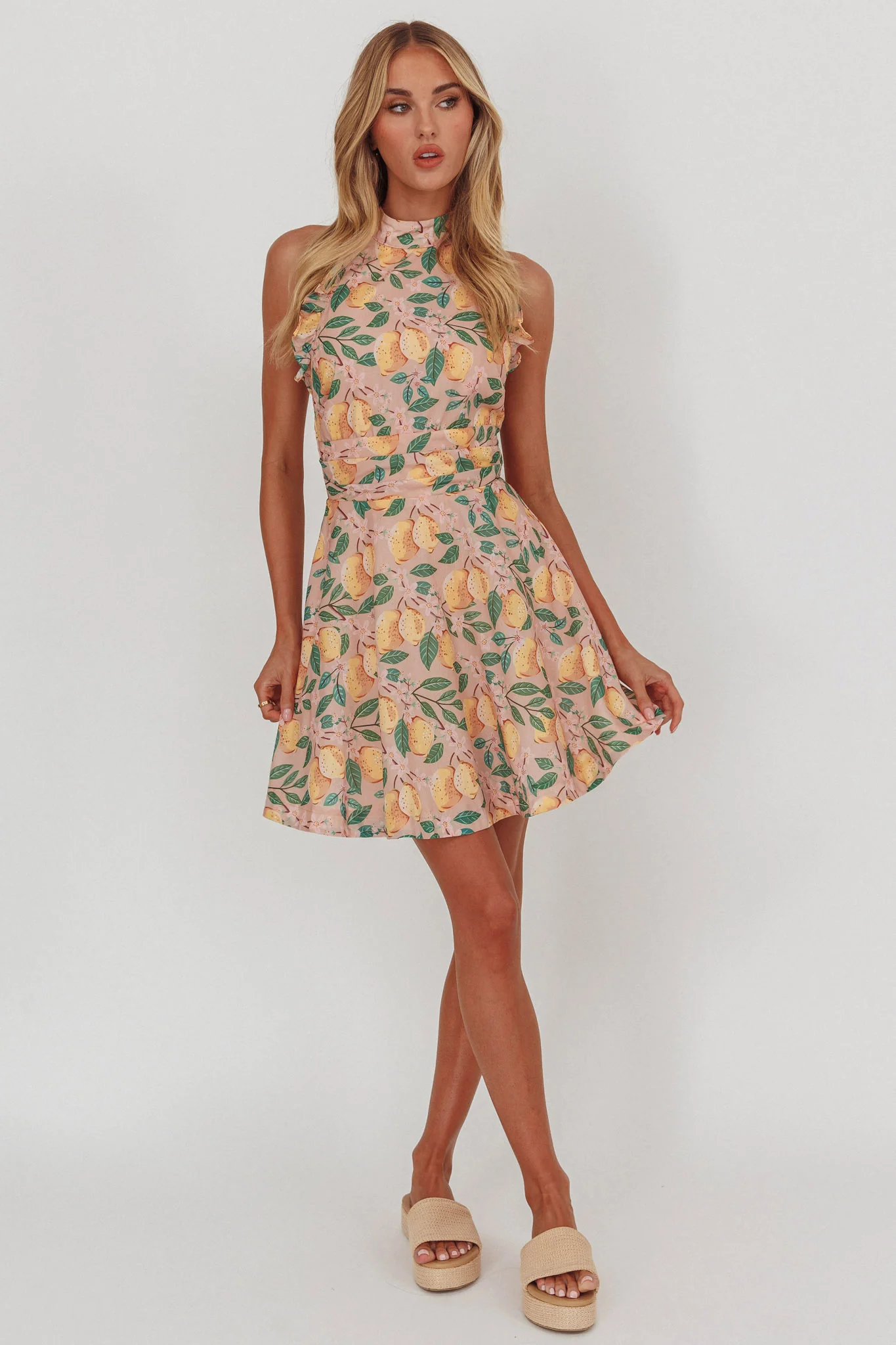 Miko Frill Trim Halter Mini Dress Lemon - Ruaus