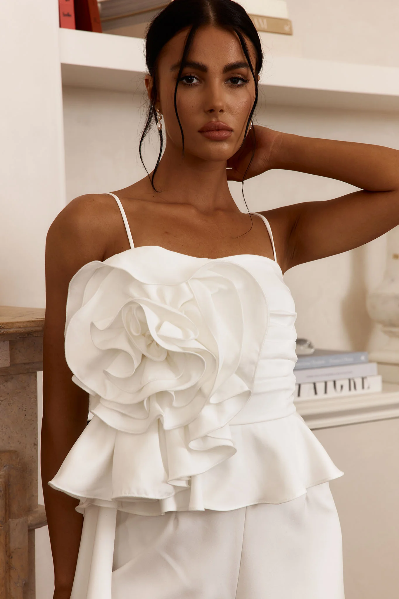 Fallon Ruffle Rose Cami Jumpsuit White - Ruaus