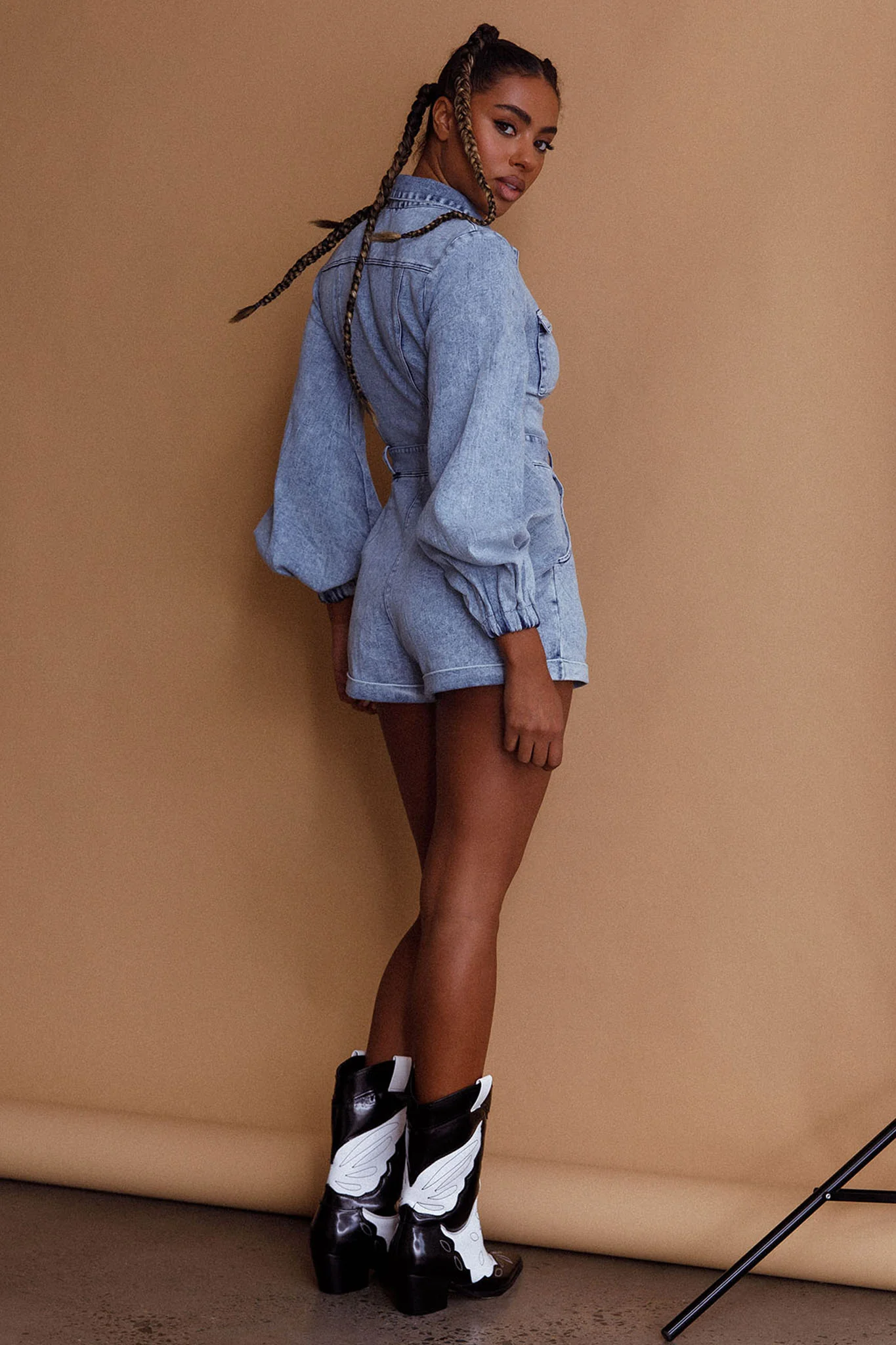 California Girl Lantern Sleeve Waist Tie Romper Blue - Ruaus