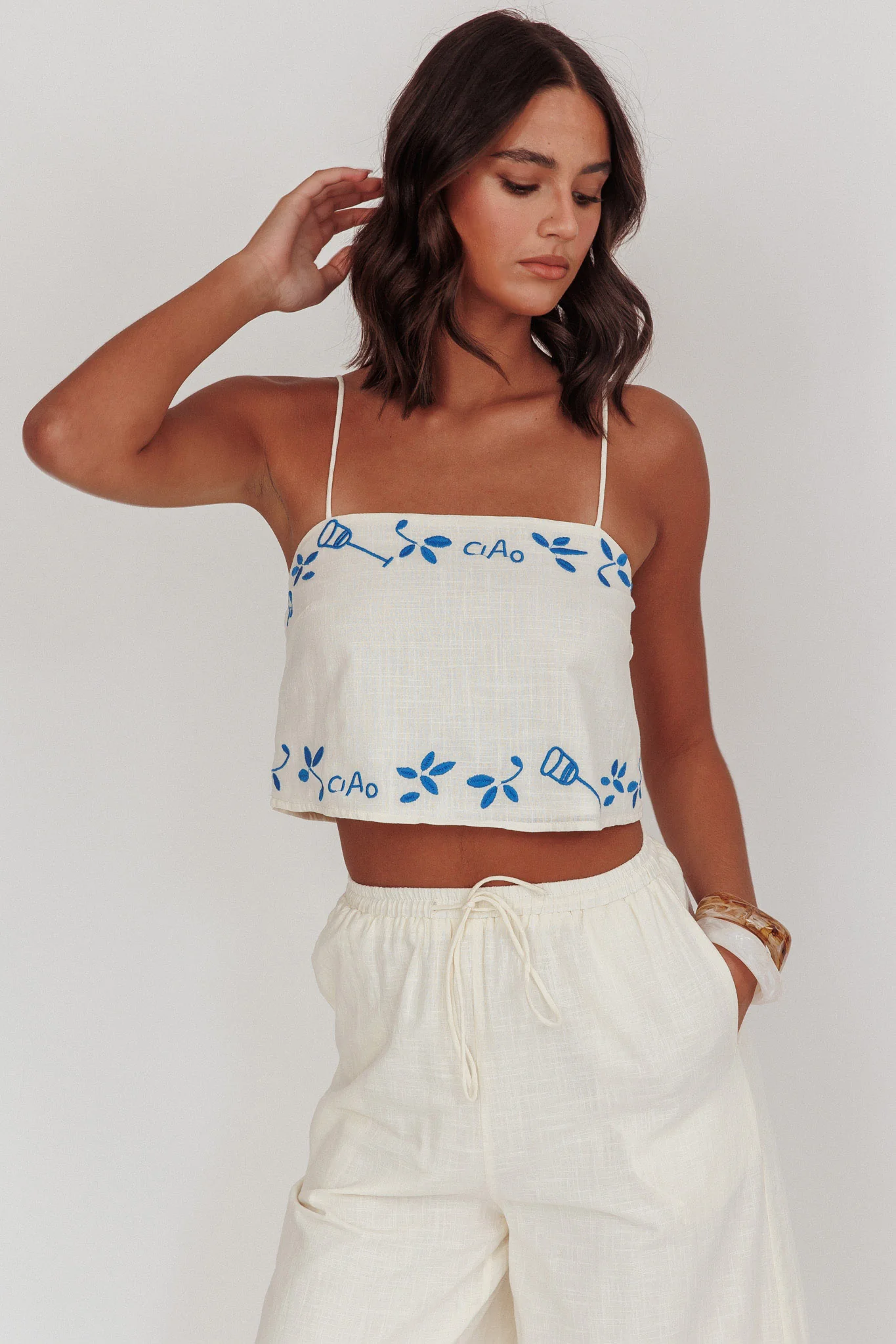 Sorrento Summer Embroidered Crop Top Beige - Ruaus