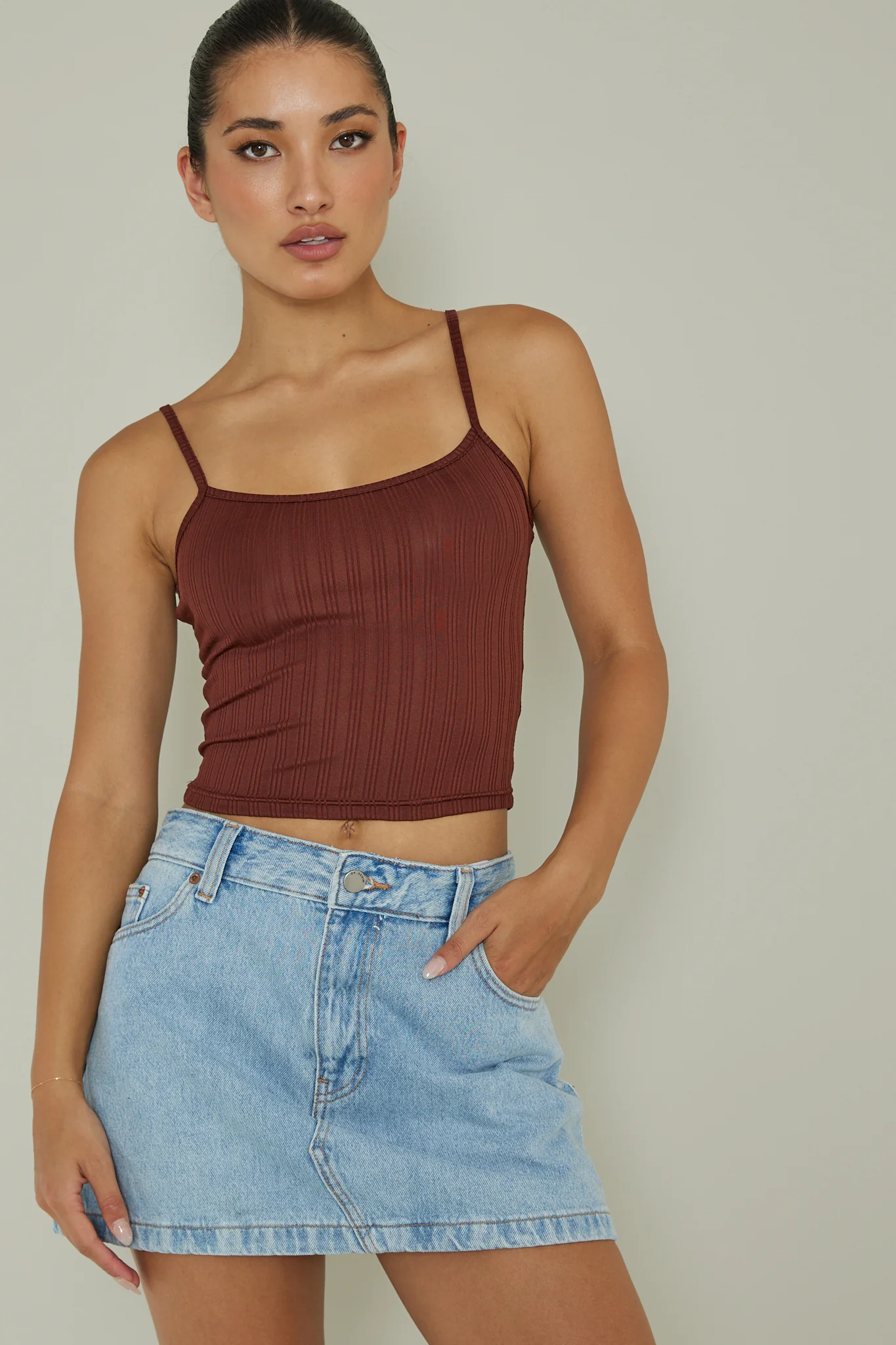 Sold Out Ribbed Cami Top Chocolate - Ruaus