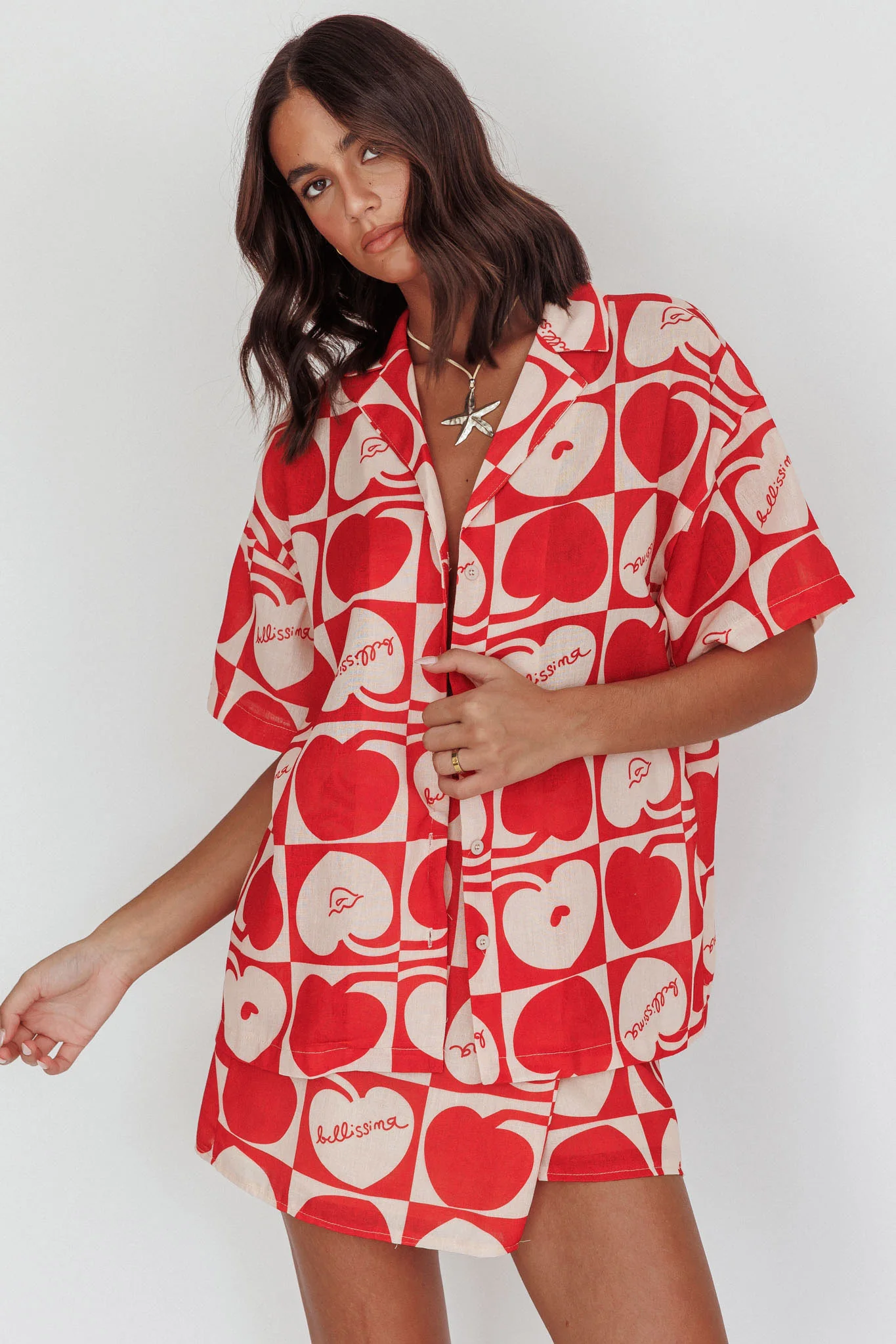 Ithaca Cherry Print Short Sleeve Shirt Red Beige - Ruaus