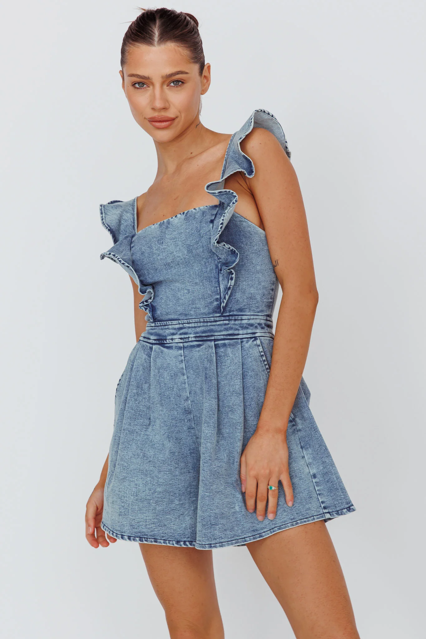 Nola Flared Ruffle Romper Denim - Ruaus