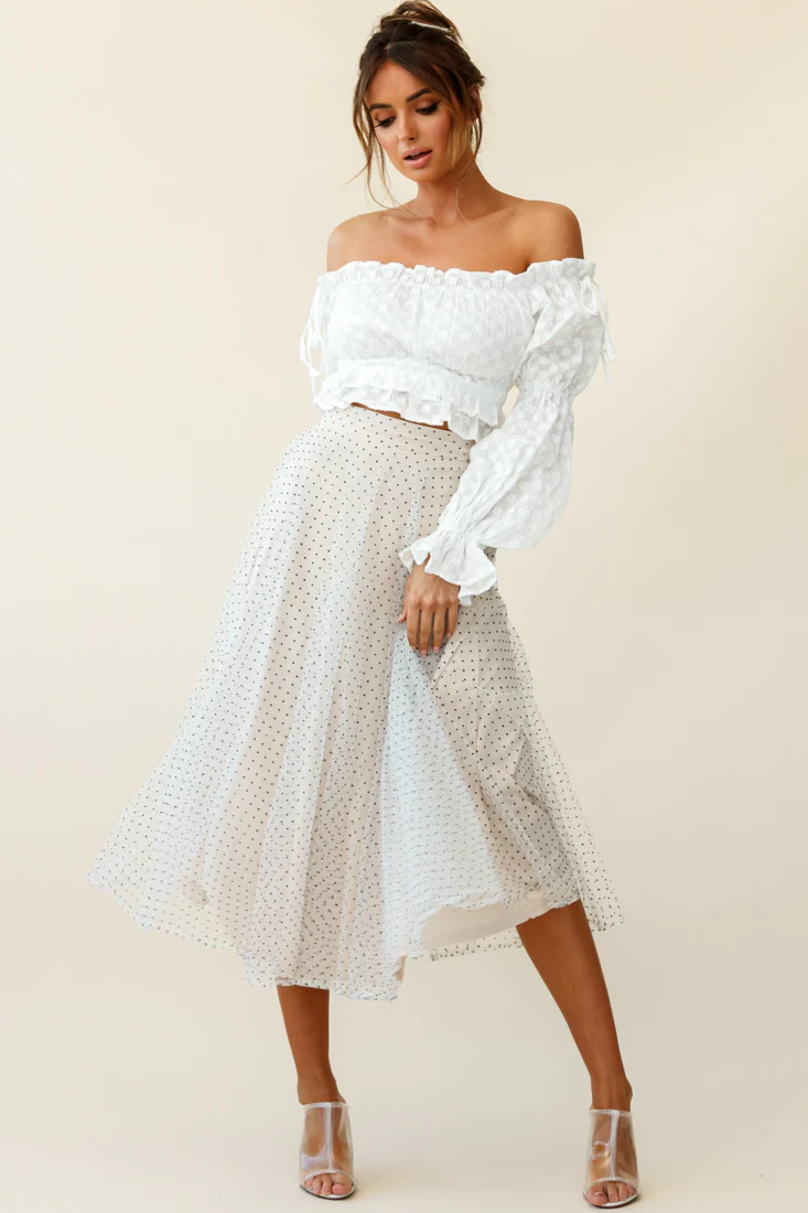 Jasmine Hail Spot Mesh Midi Skirt White - Ruaus