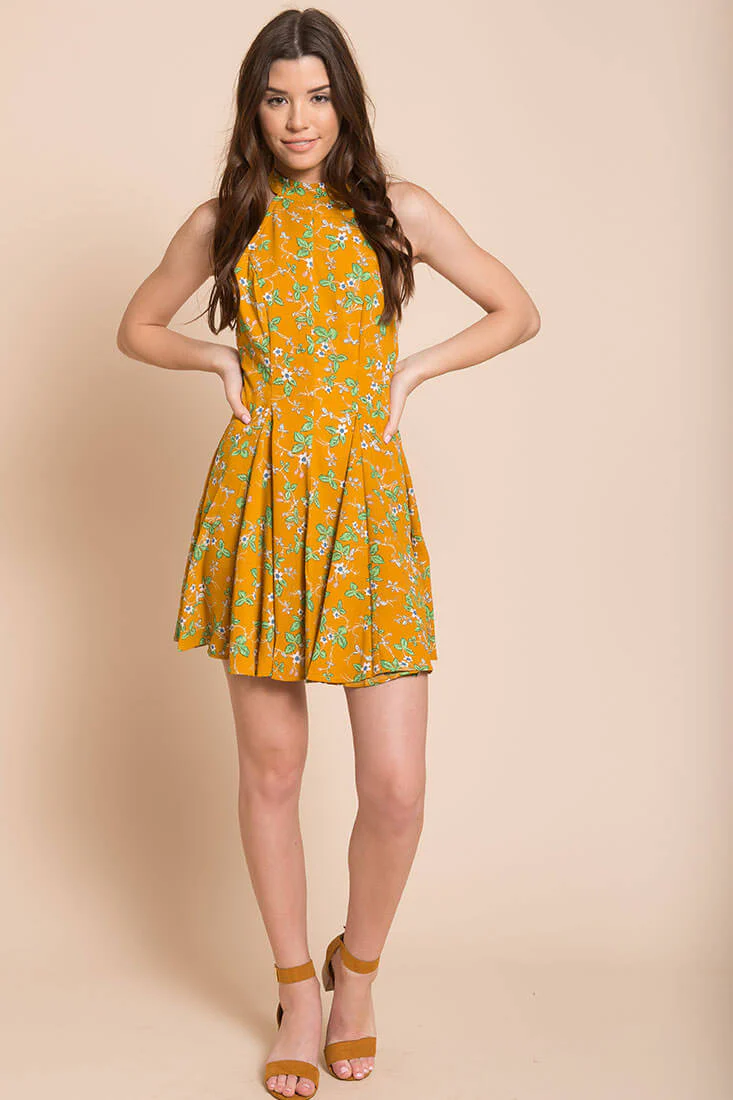 Janessa Floral Print Dress Mustard - Ruaus