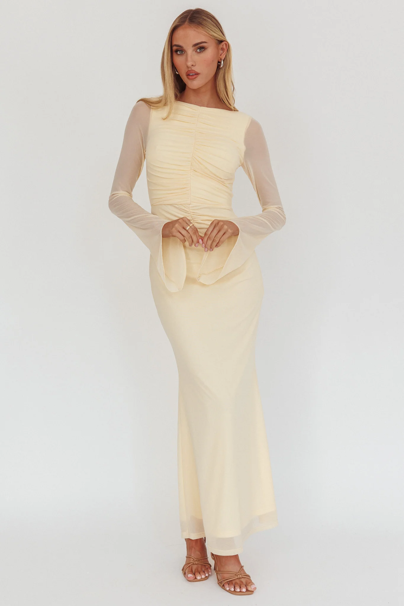 Luna Love Long Sleeve Mesh Maxi Dress Cream - Ruaus