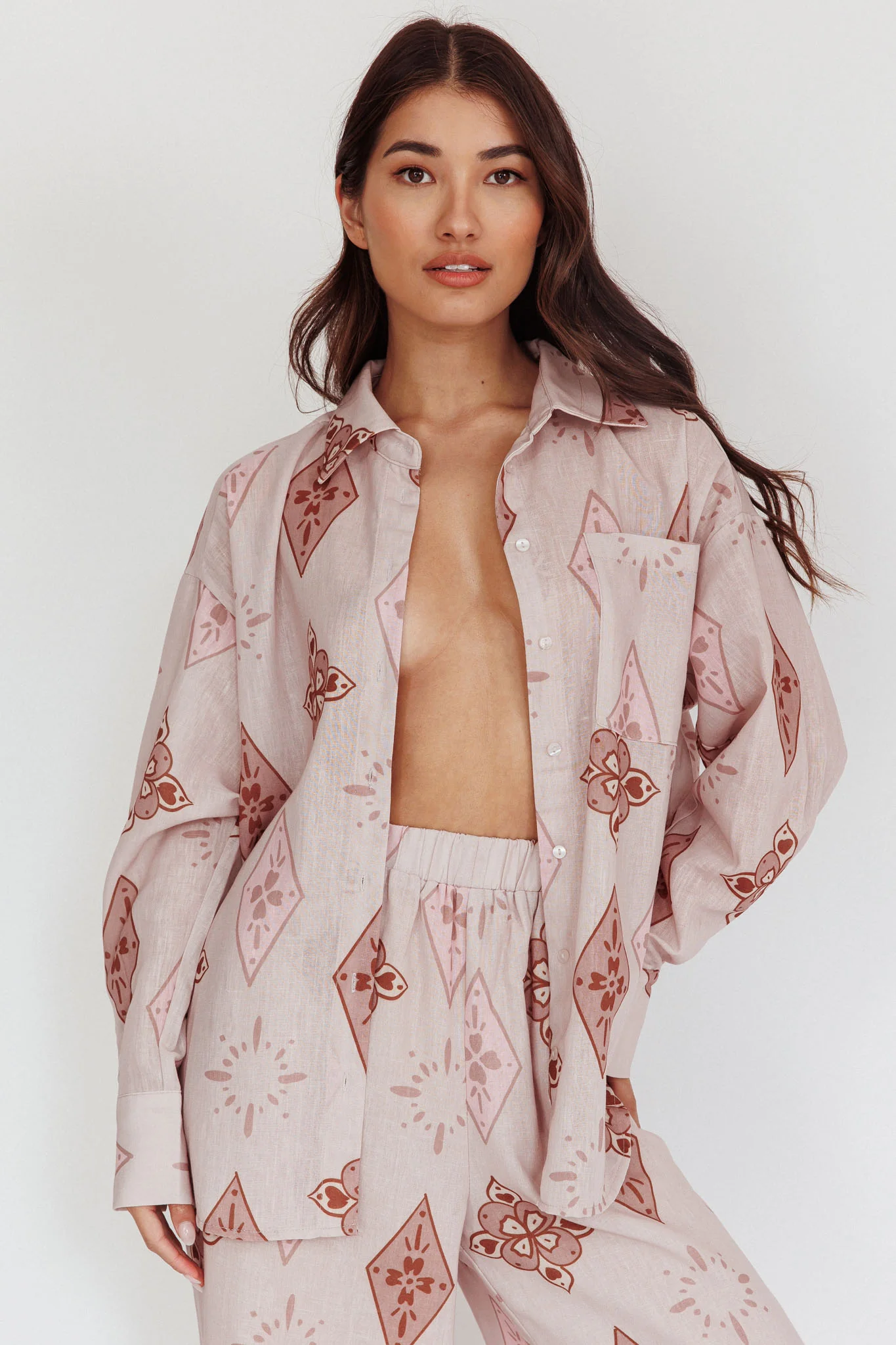 Alex Motif Collared Buttoned Shirt Mocha - Ruaus