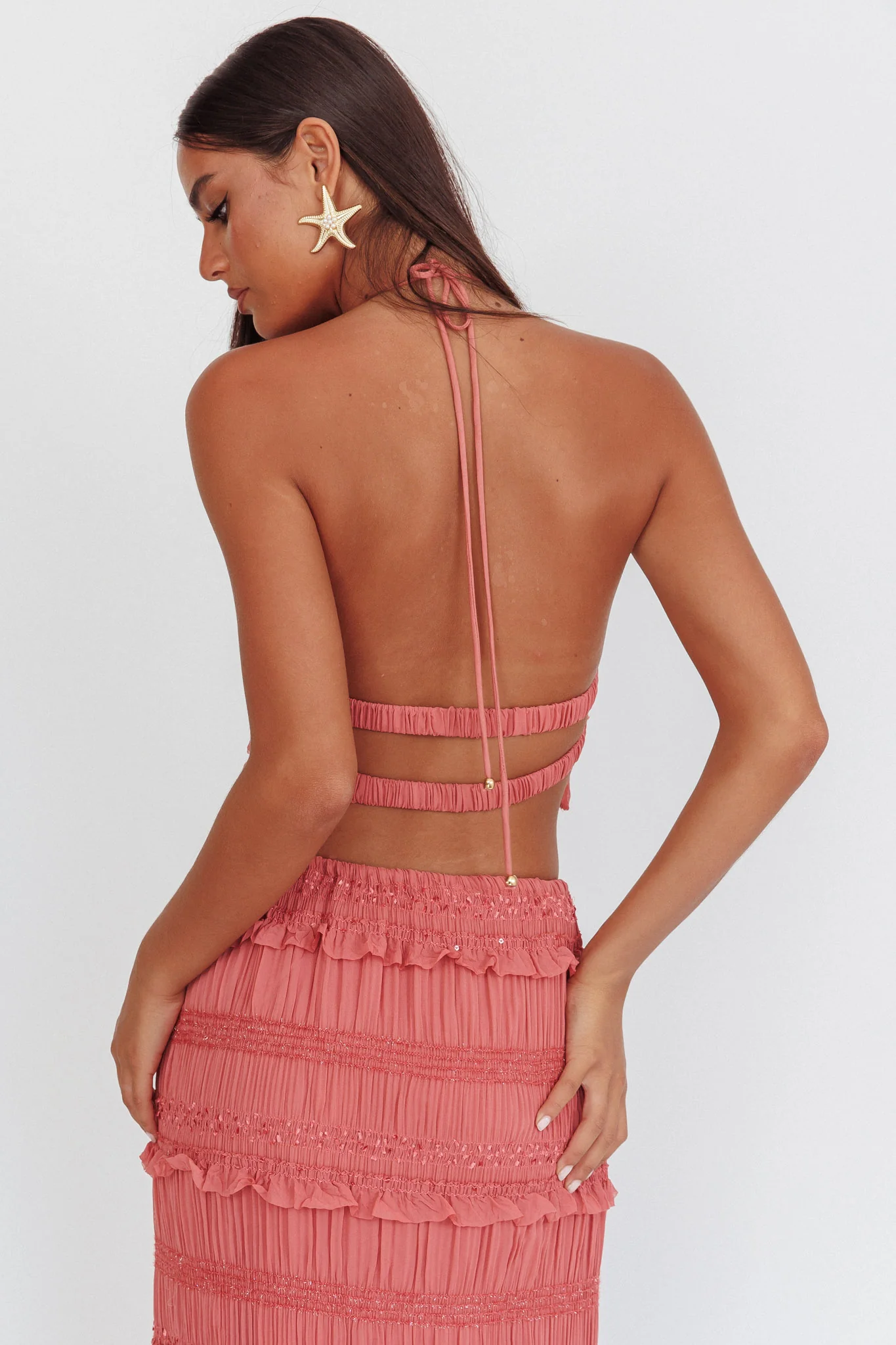 Helios Halterneck Shirred Sequin Top Rose - Ruaus