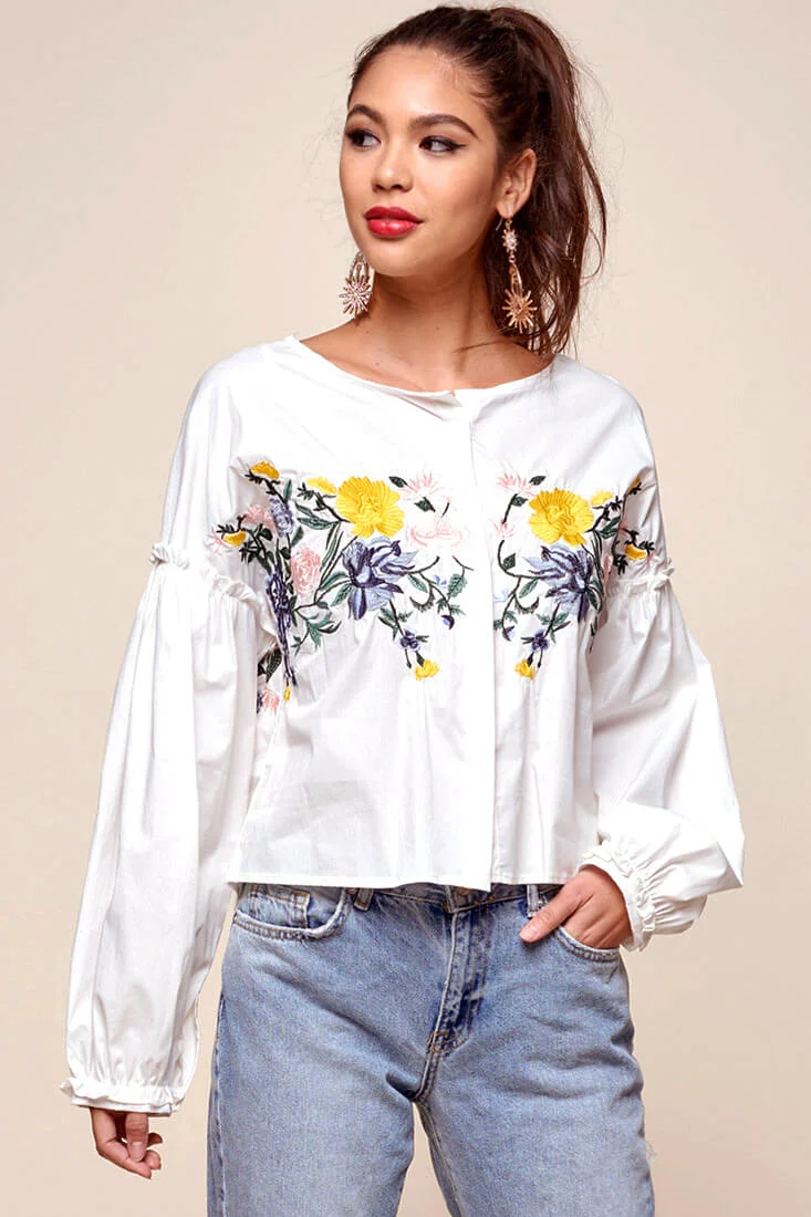Olivia Floral Embroidered Cinched Wrist Shirt White - Ruaus