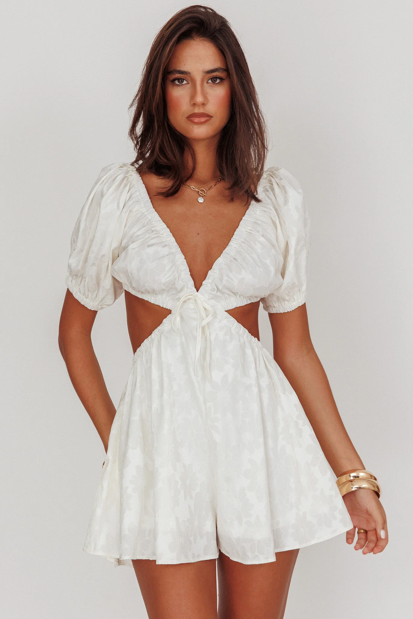 See The Light Puff Sleeves Romper Ivory - Ruaus