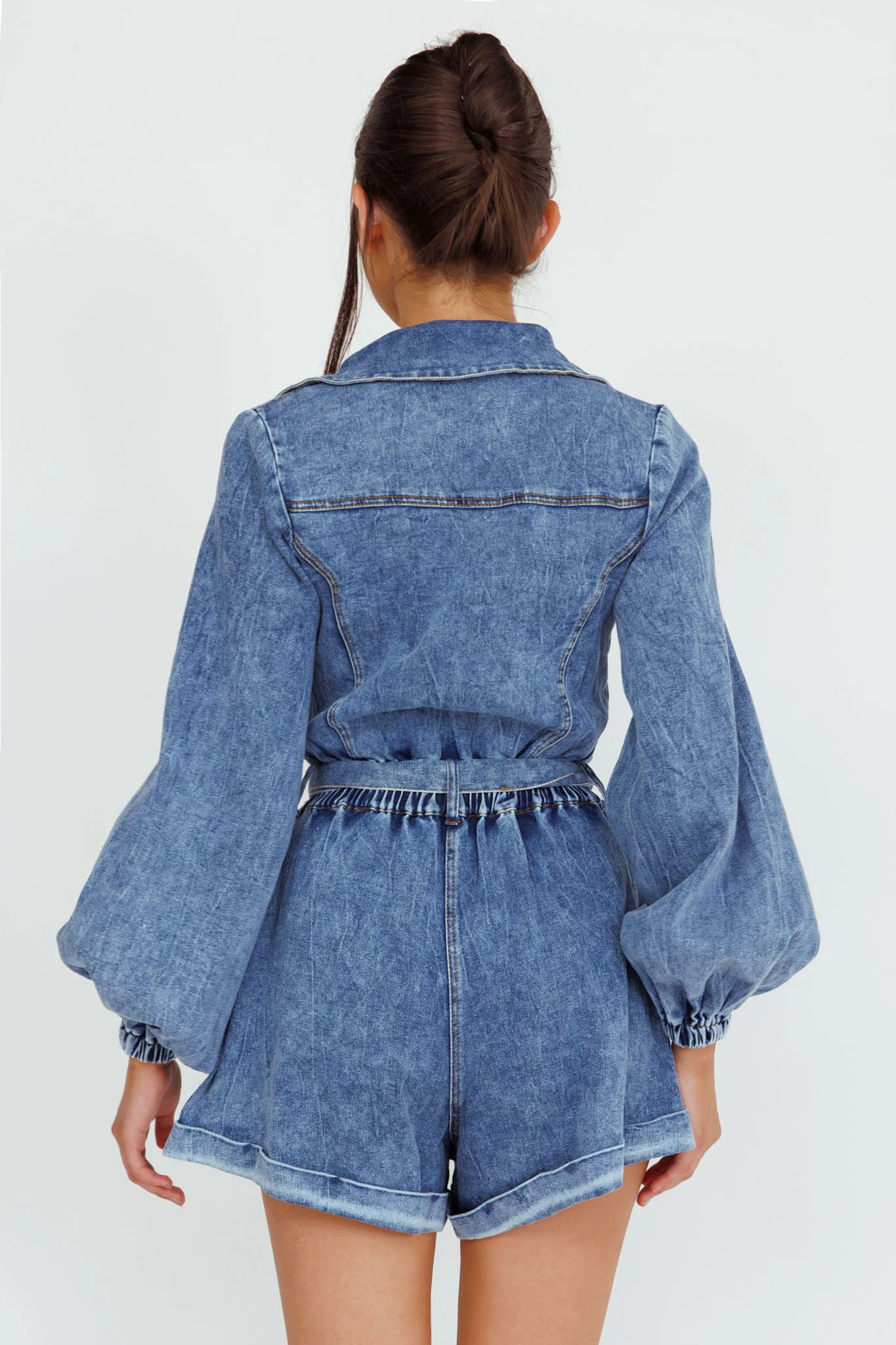New Day Long Sleeve Button-Up Romper Denim - Ruaus