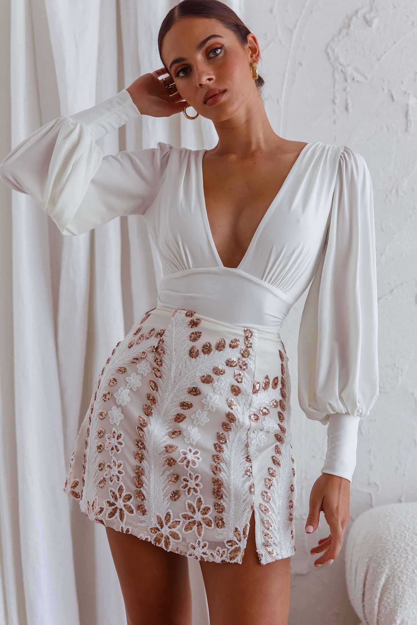 Late Nights Sequin Embellished Mini Skirt White - Ruaus