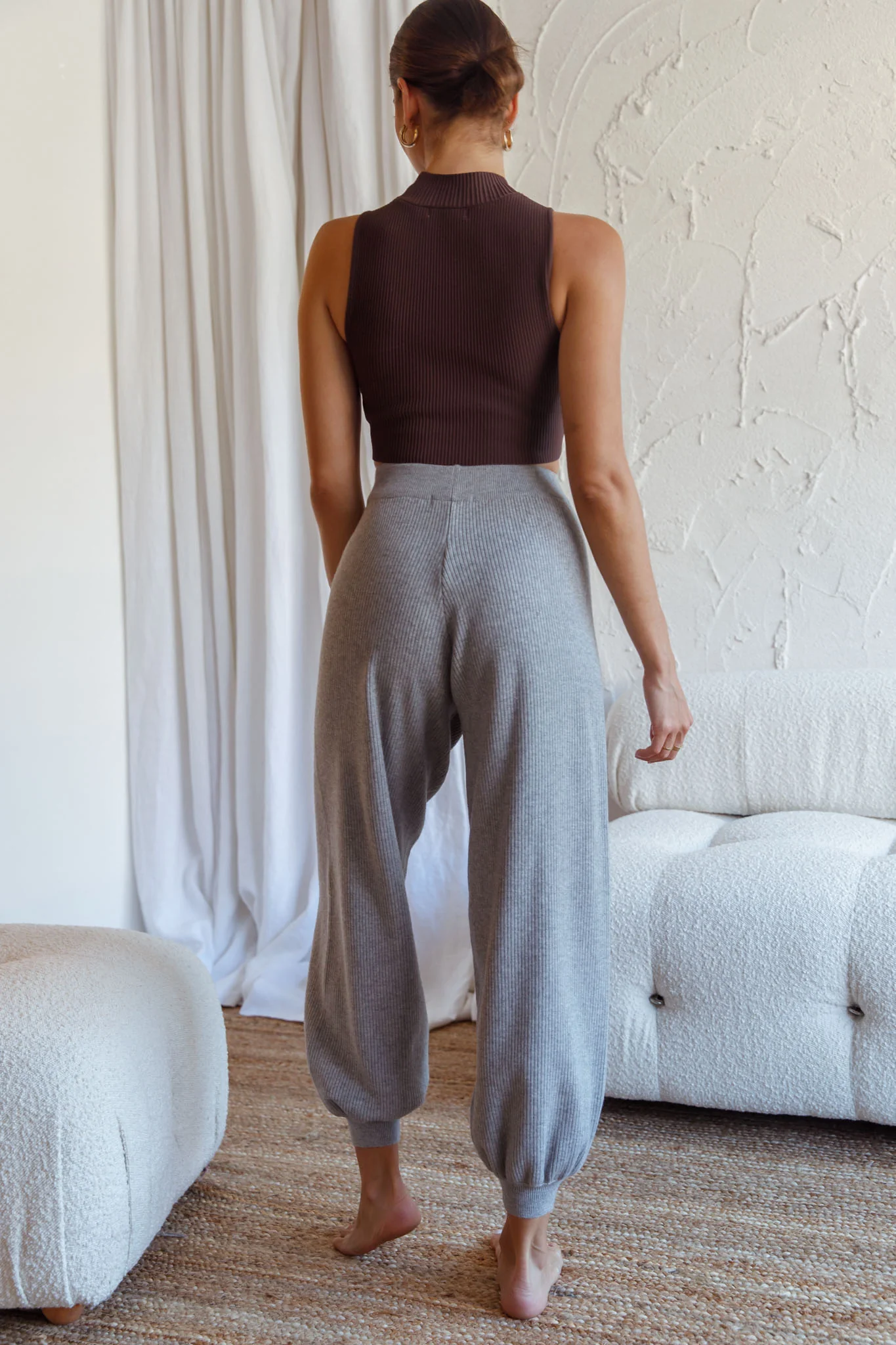 New Soul Drawstring Ribbed Knit Jogger Pants Grey Marle - Ruaus