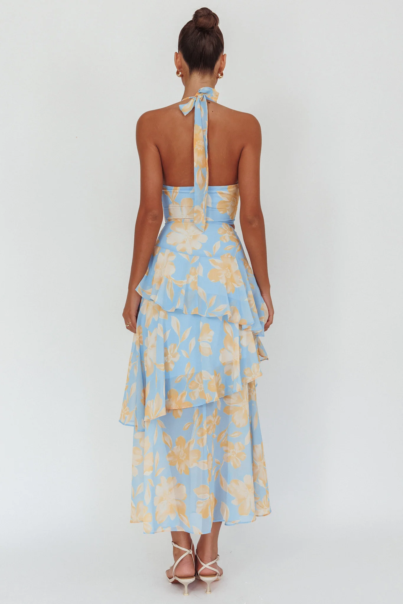 Aura Points Halterneck Cut-Out Maxi Dress Floral Blue - Ruaus