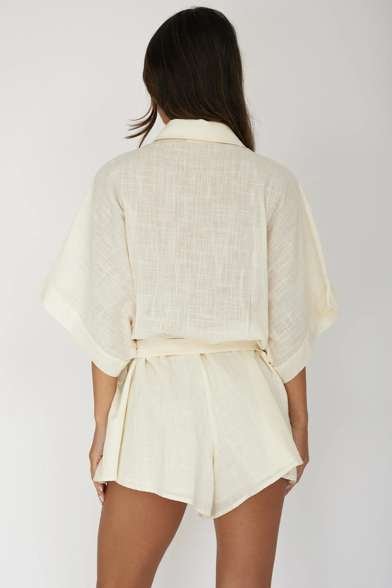 Daytona Beach Button-Up Romper Embroidered Beige - Ruaus