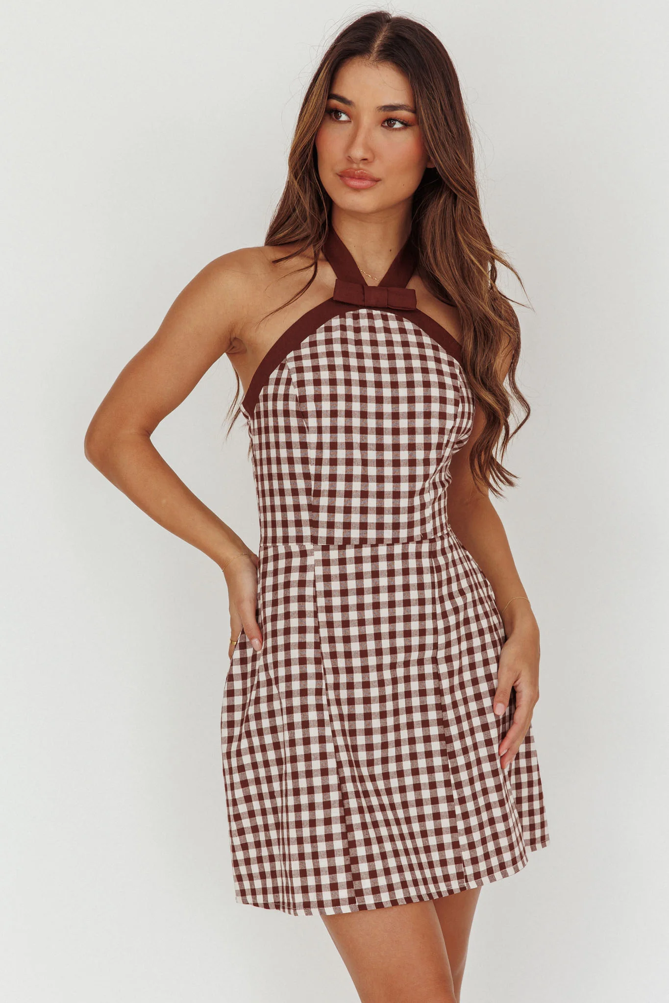 Lady Bow Halterneck Mini Dress Plaid Brown - Ruaus