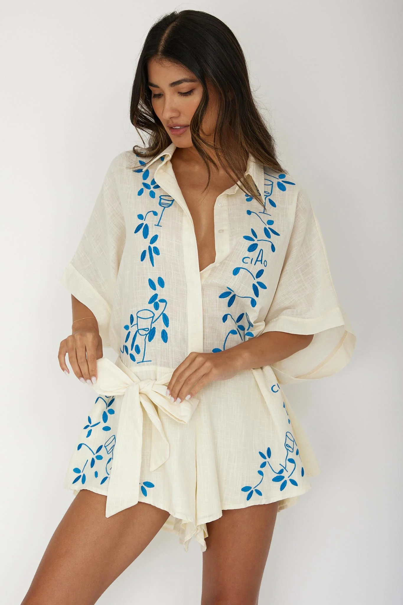 Daytona Beach Button-Up Romper Embroidered Beige - Ruaus